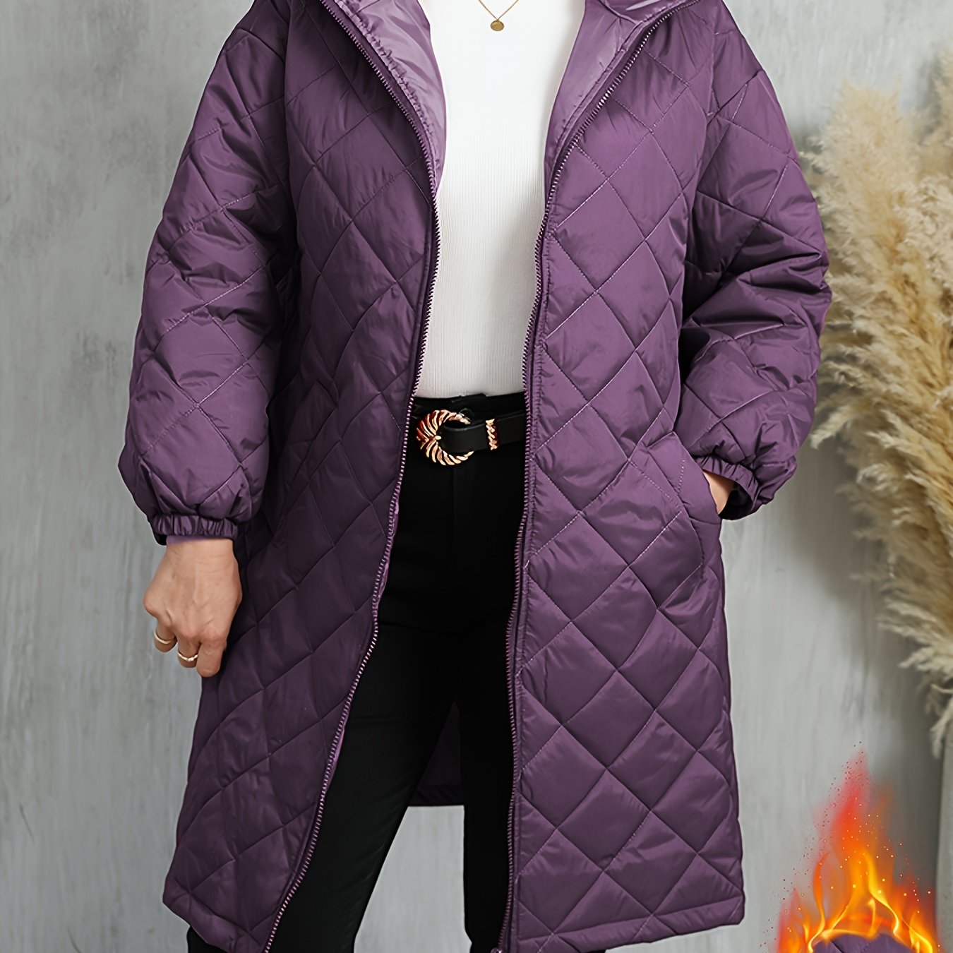 Plus Size, Women's Oversized Elegant Hooded Full-Zip Windproof Winter Coat - Heavy-Duty Warm