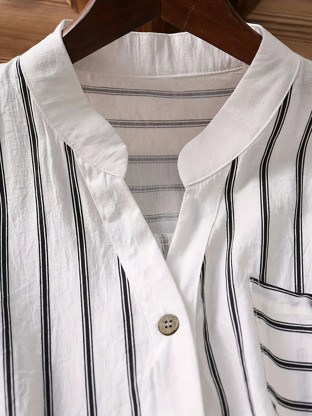 Women's Casual Business V-Neck Button-Up Shirt - Short Sleeve Striped Blouse with Chest Pocket