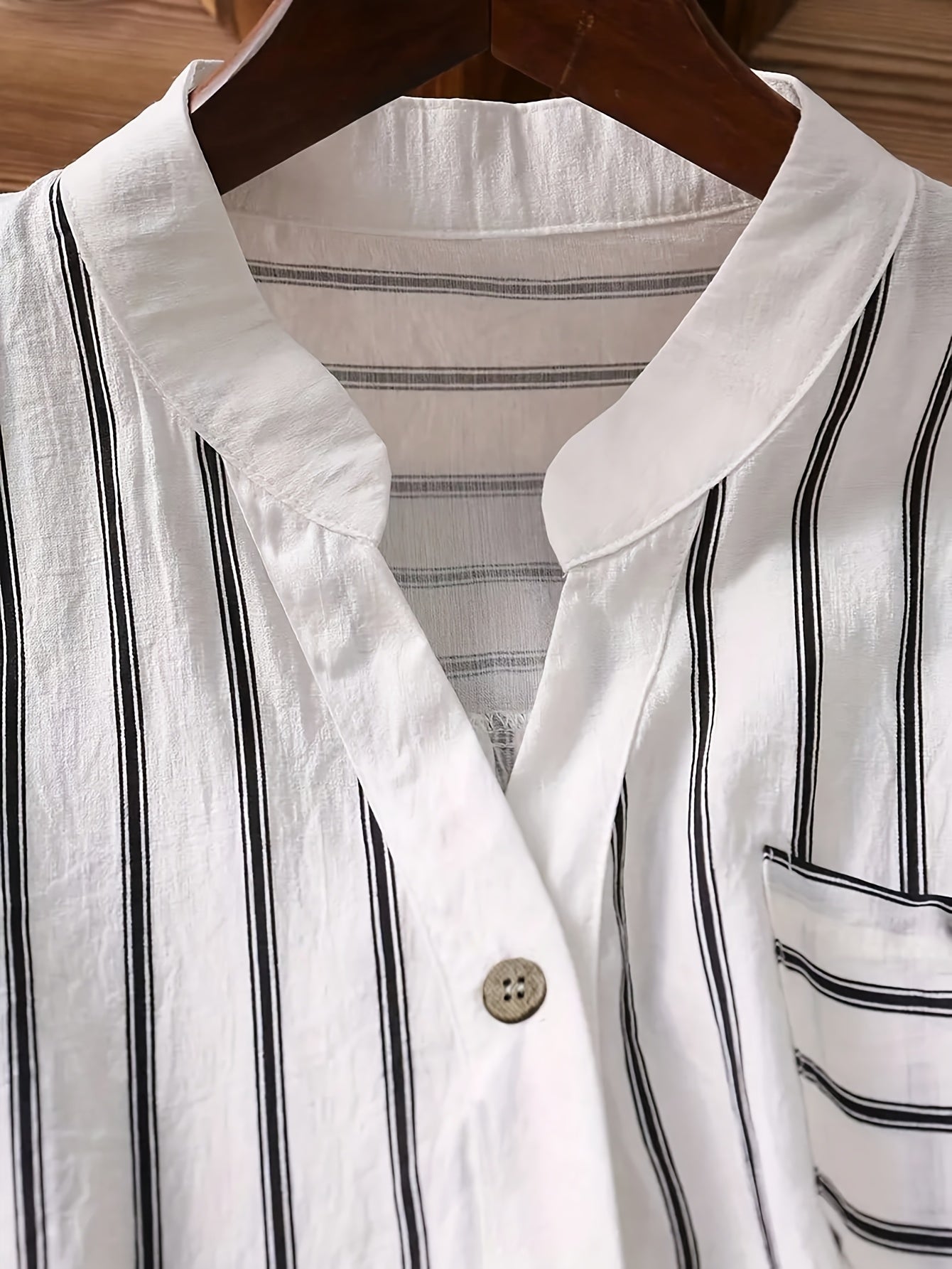 Women's Casual Business V-Neck Button-Up Shirt - Short Sleeve Striped Blouse with Chest Pocket