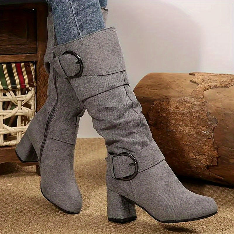Women's Knee-High Boots - Mid Heel Platform with Zipper Closure