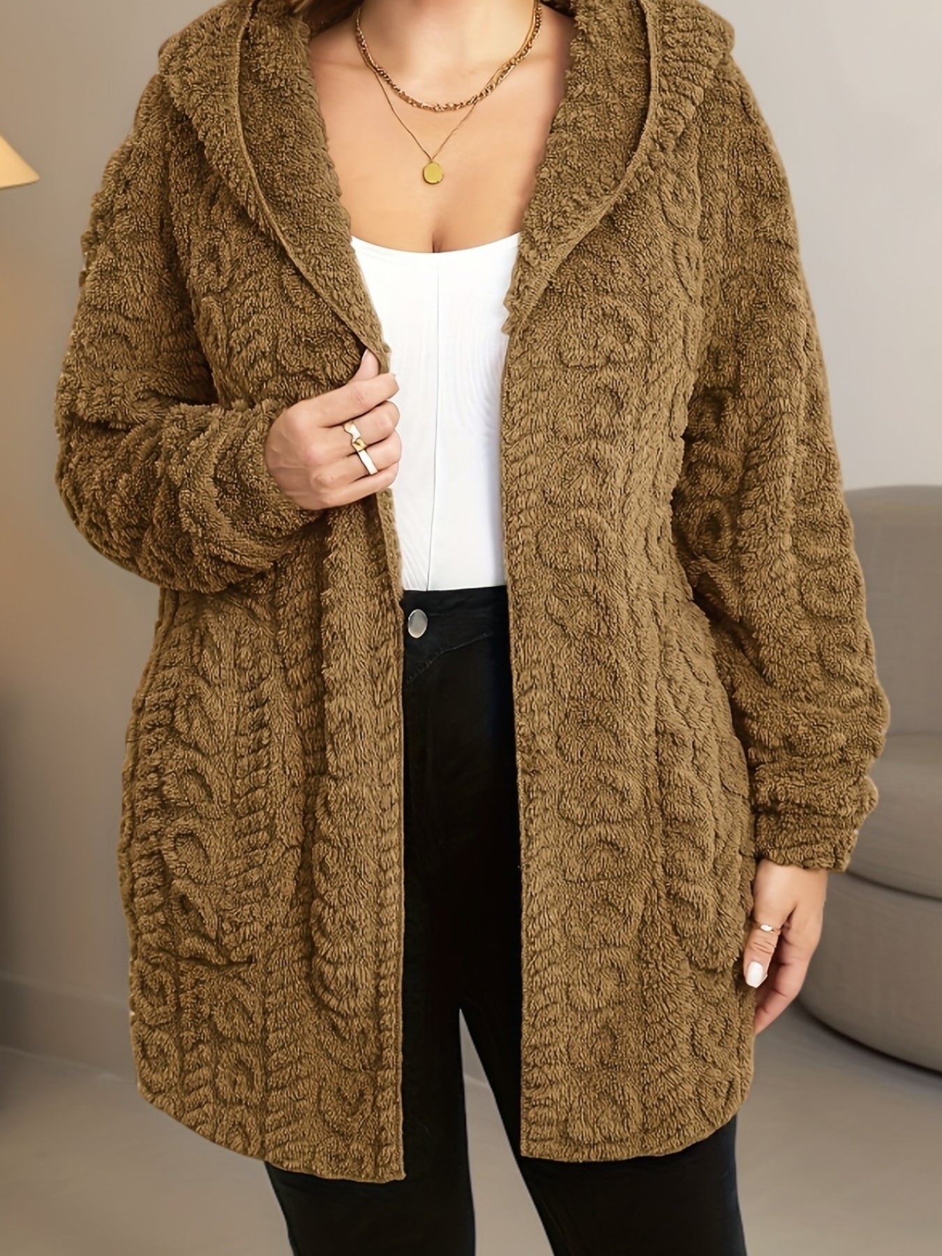 Plus Size, Autumn and Winter Warm Fashion Casual Plush Hooded Cardigan Jacket