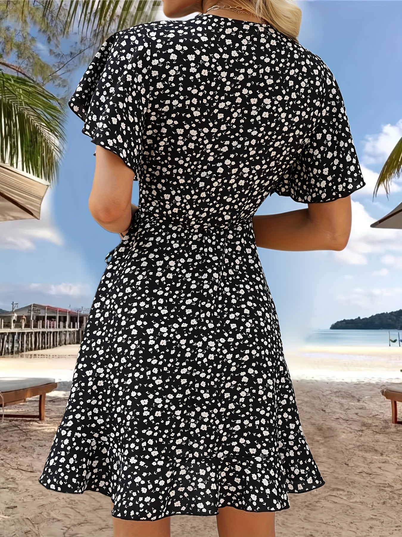 Cross Neck Ruffled Sleeve Dress