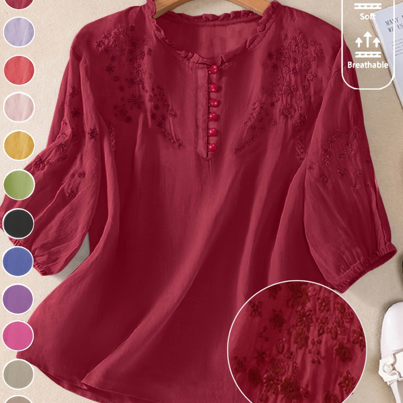 Women's Spring/Summer Embroidered Loose Fit Retro Mid-Sleeve Blouse