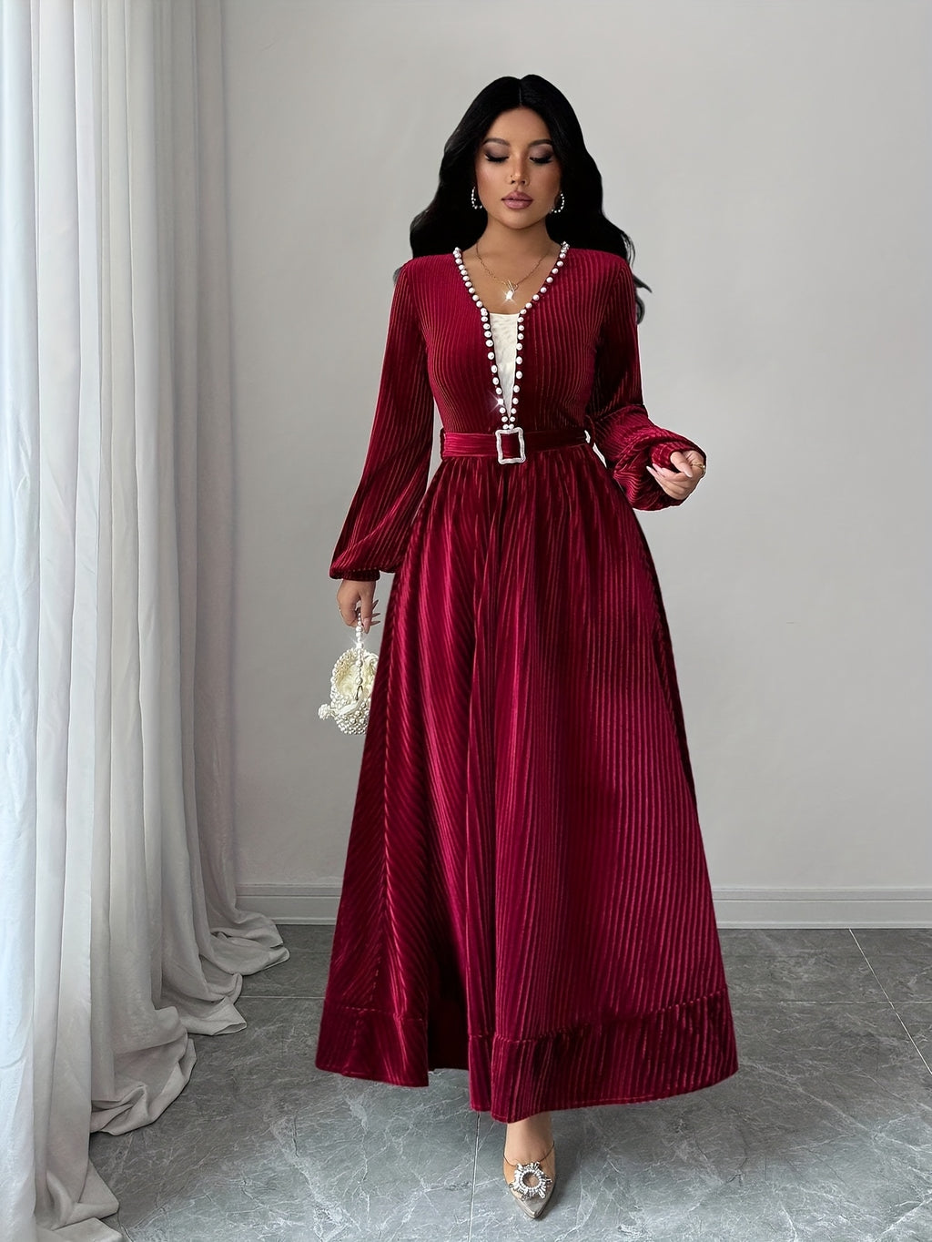 Burgundy Velvet Pearl Dress, Christmas Day, Fall-Winter