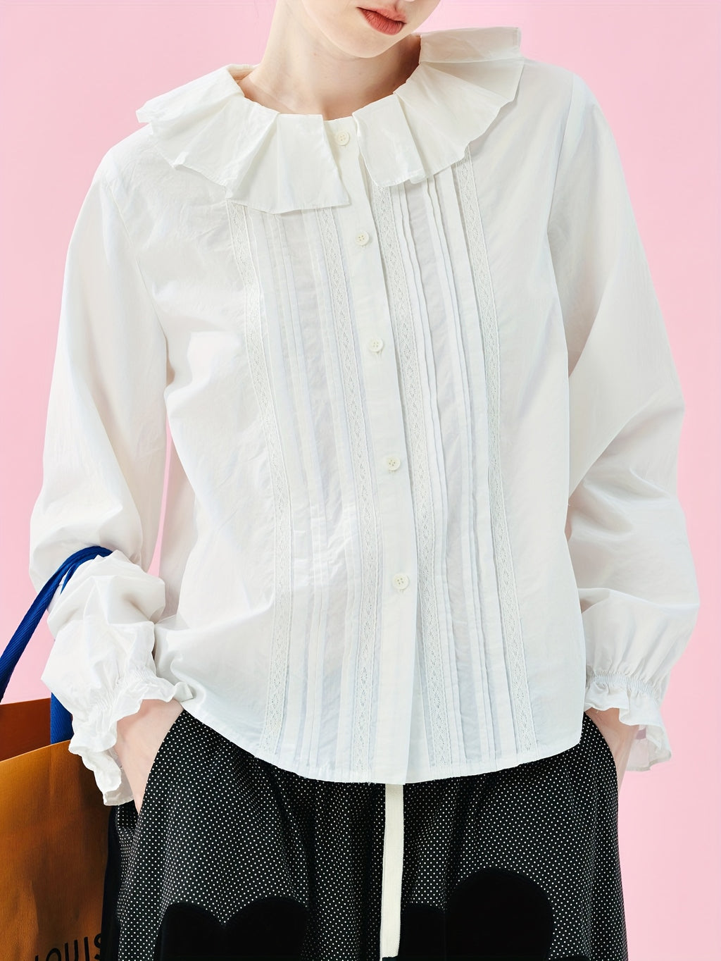 Women's Elegant Lace Trim Blouse - Long Sleeve Button-Front Shirt with Ruffled Collar