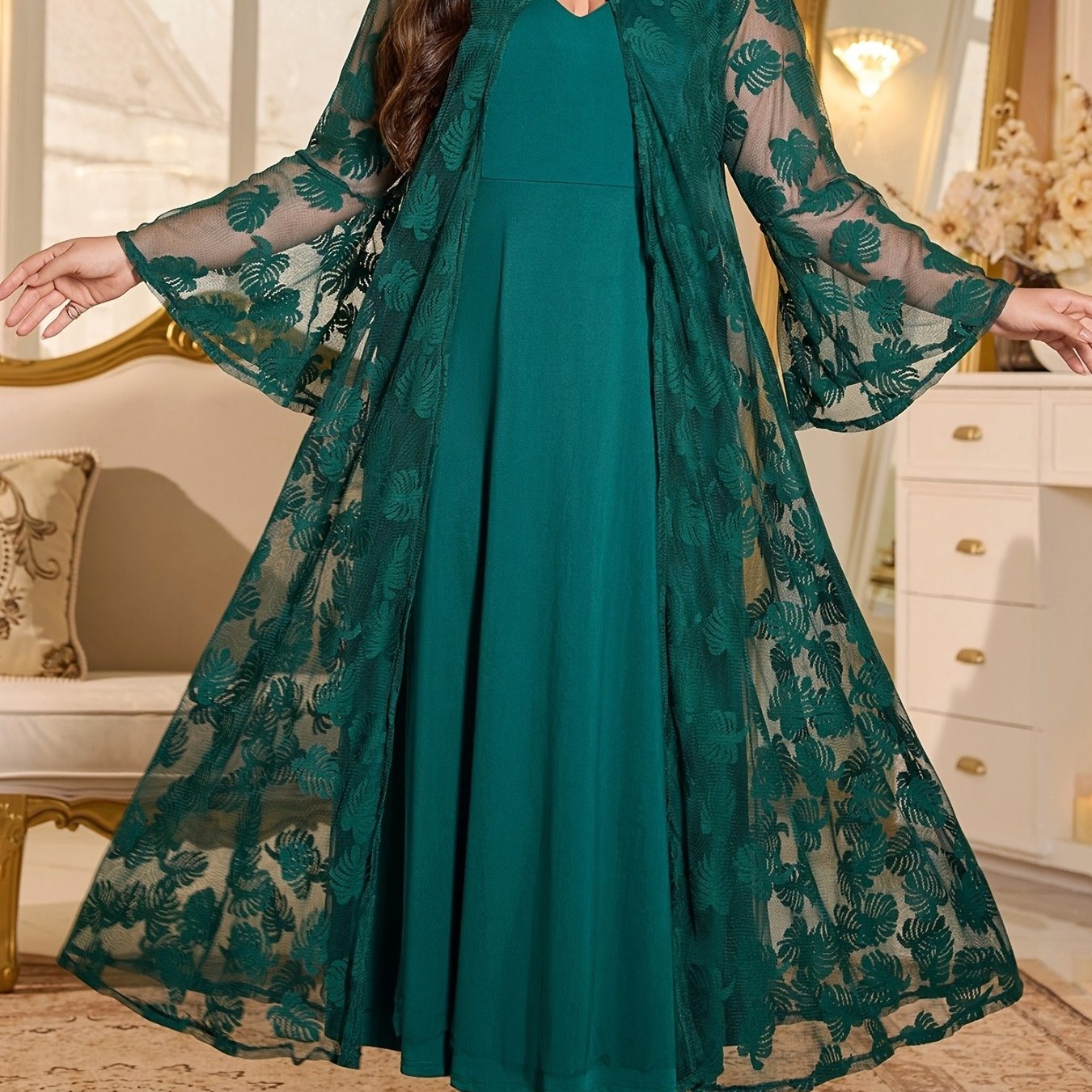 Plus Size - Elegant Round Neck Mesh Embroidery V-Neck Slim Long Dress