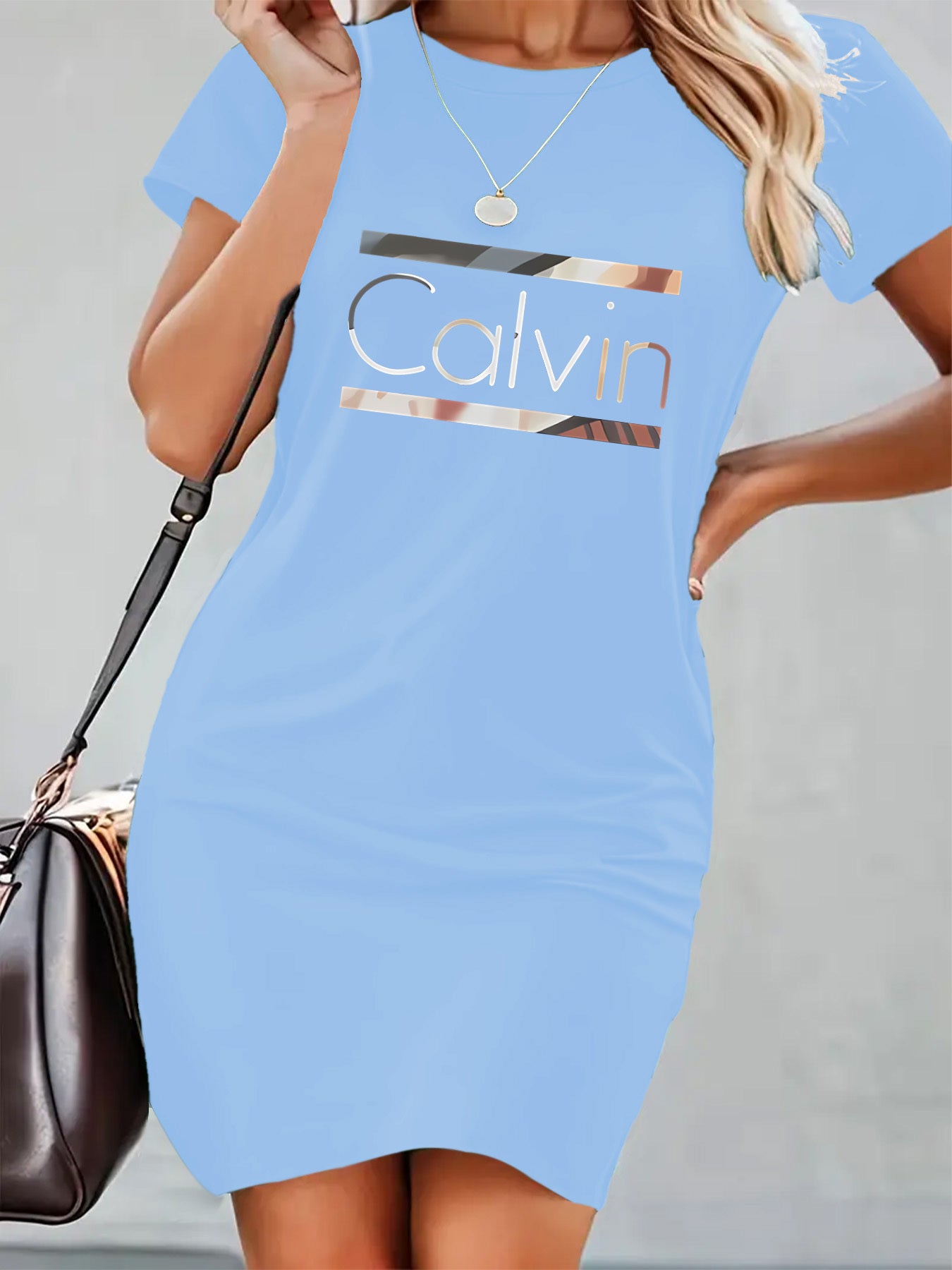 Calvin Art Print Bodycon Dress - Stylish Black, Slim-Fit, Stretchy Polyester Blend, Round Neck, Knee-Length, Perfect for Spring/Summer, Spring