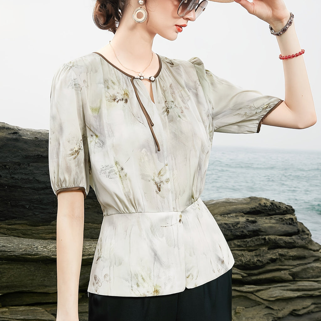Women's Blouse - Soft Pastel Floral shirt with Twist Front, Breathable Office & Party