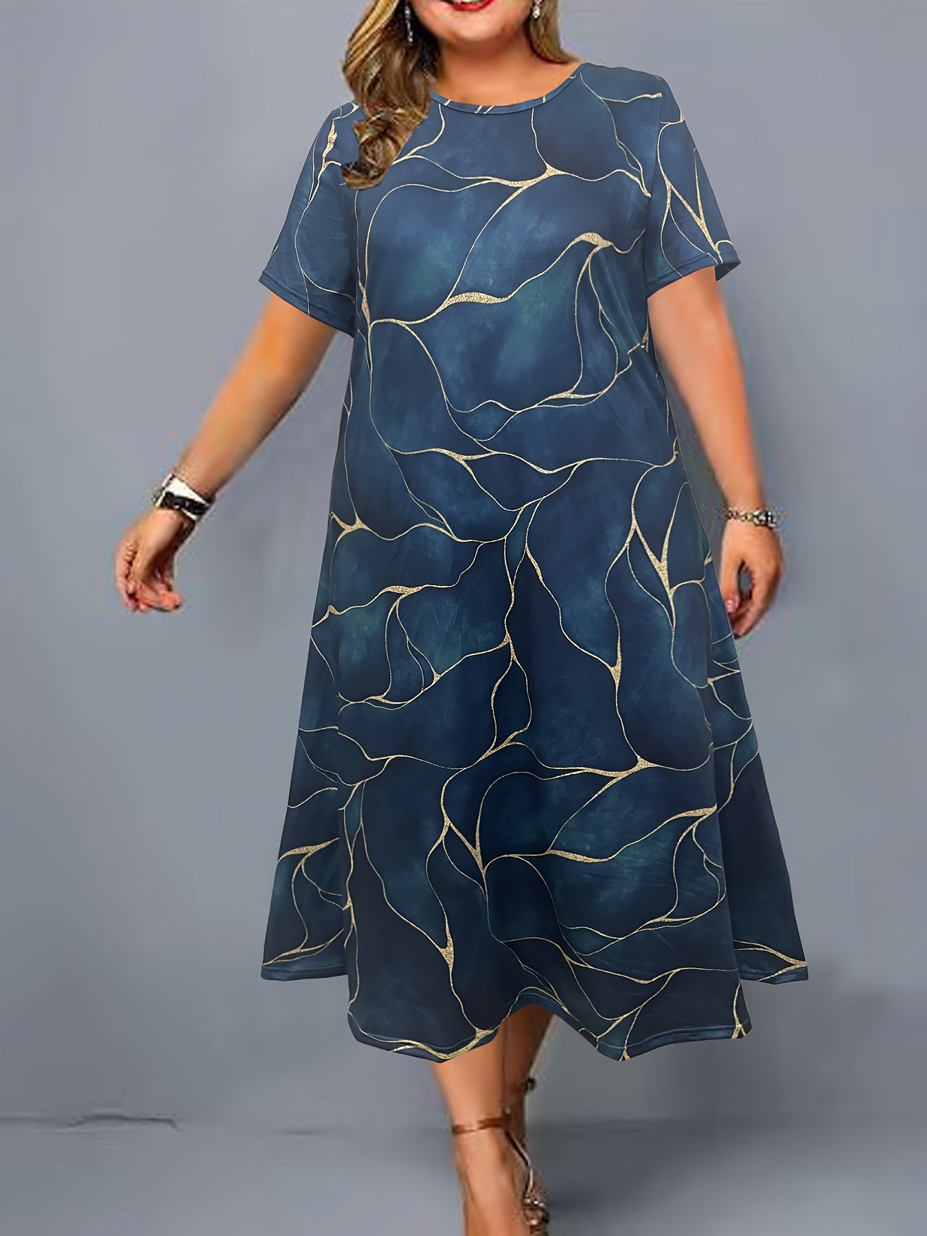 Round Neck Loose Short Sleeve Printed Dress