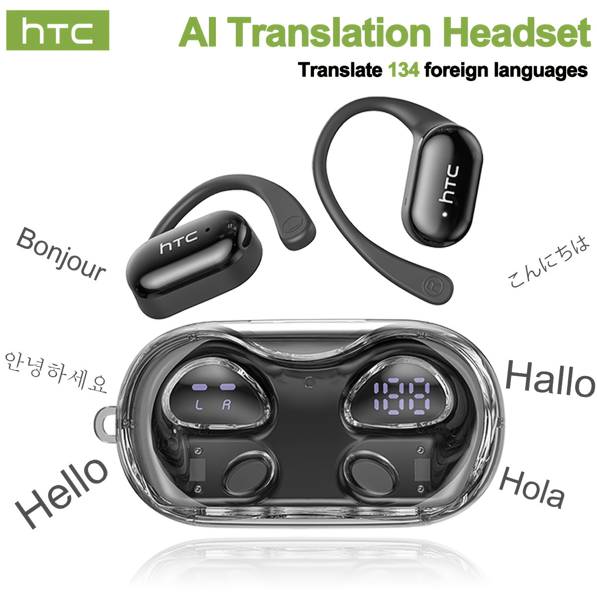HTC NE37 OWS Wireless AI Translation Earbuds with Multi-Language Support, 6.0 Low Latency HIFI Sound Quality