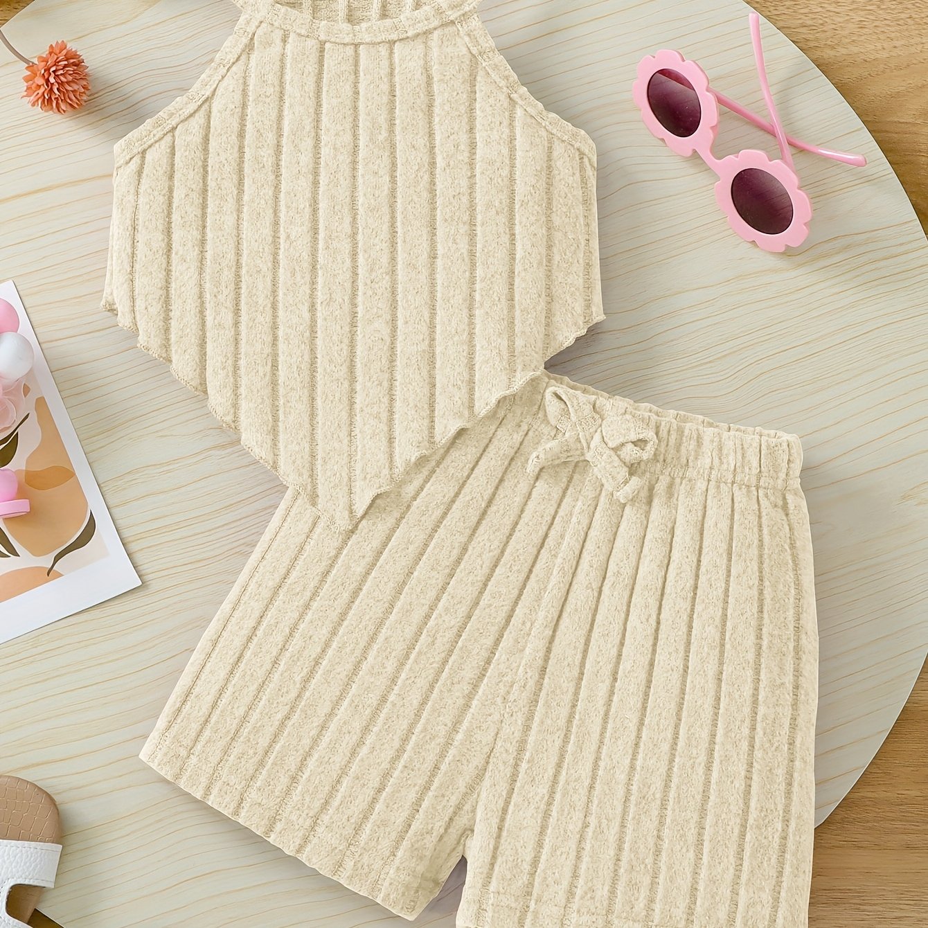 2pcs Summer Girls' Solid Color Crop Top and Bow-Decorated Striped Pants Set
