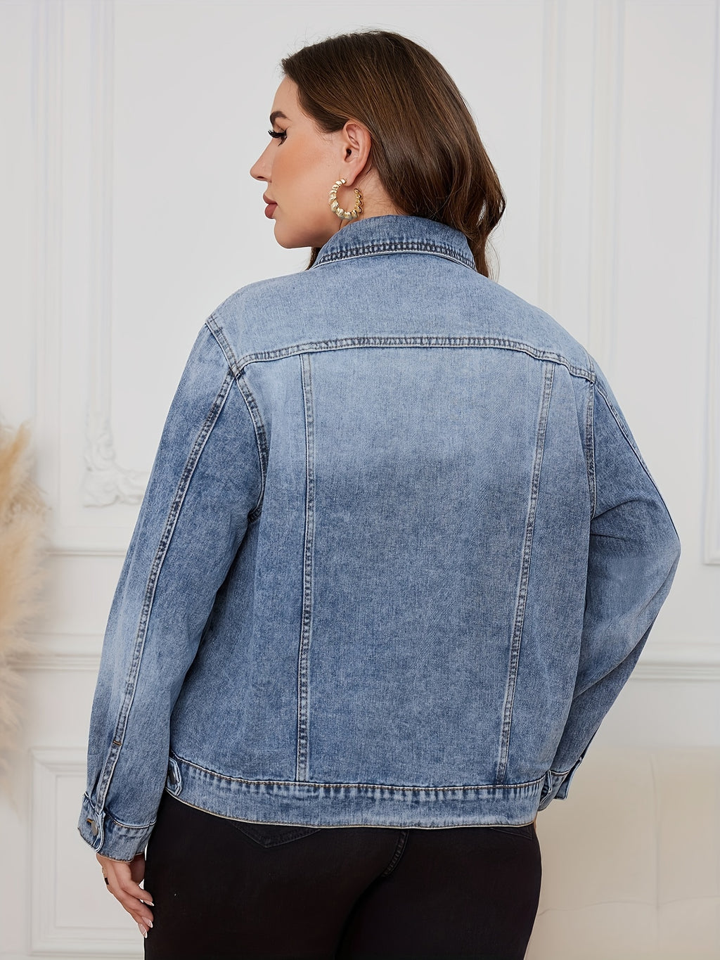 Plus Drop Shoulder Denim Jacket for Women
