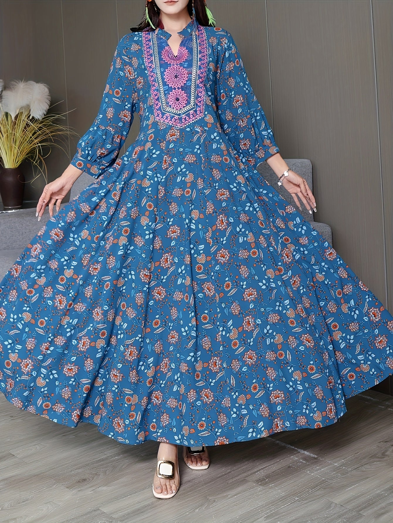 Embroidery Dress Ethnic Style Long Skirt Retro Vintage Casual Maxi Dress