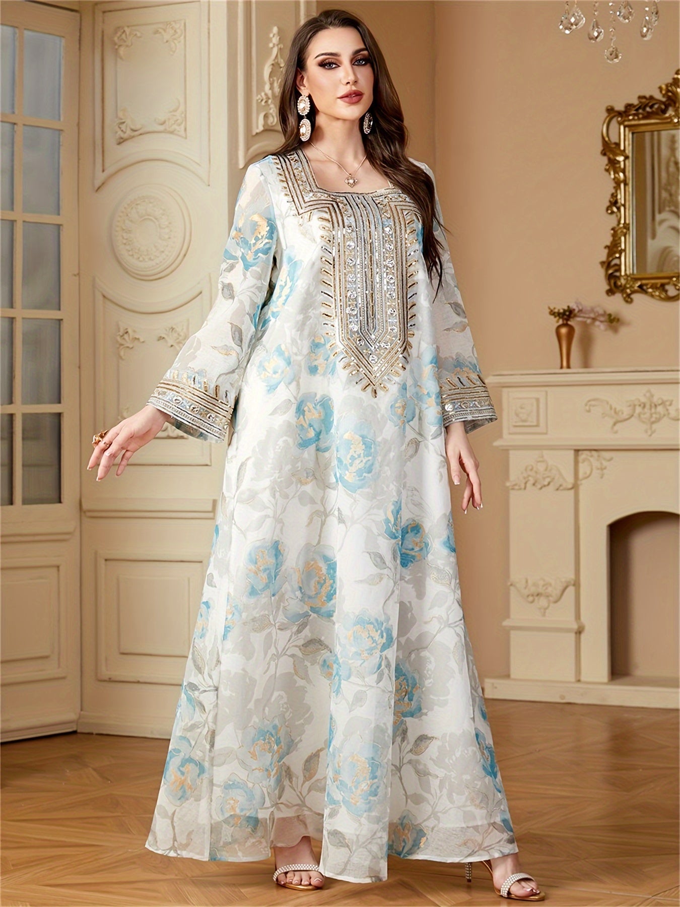 Floral Print Abaya Sequins Patchwork Loose Kaftan Elegant Dresses