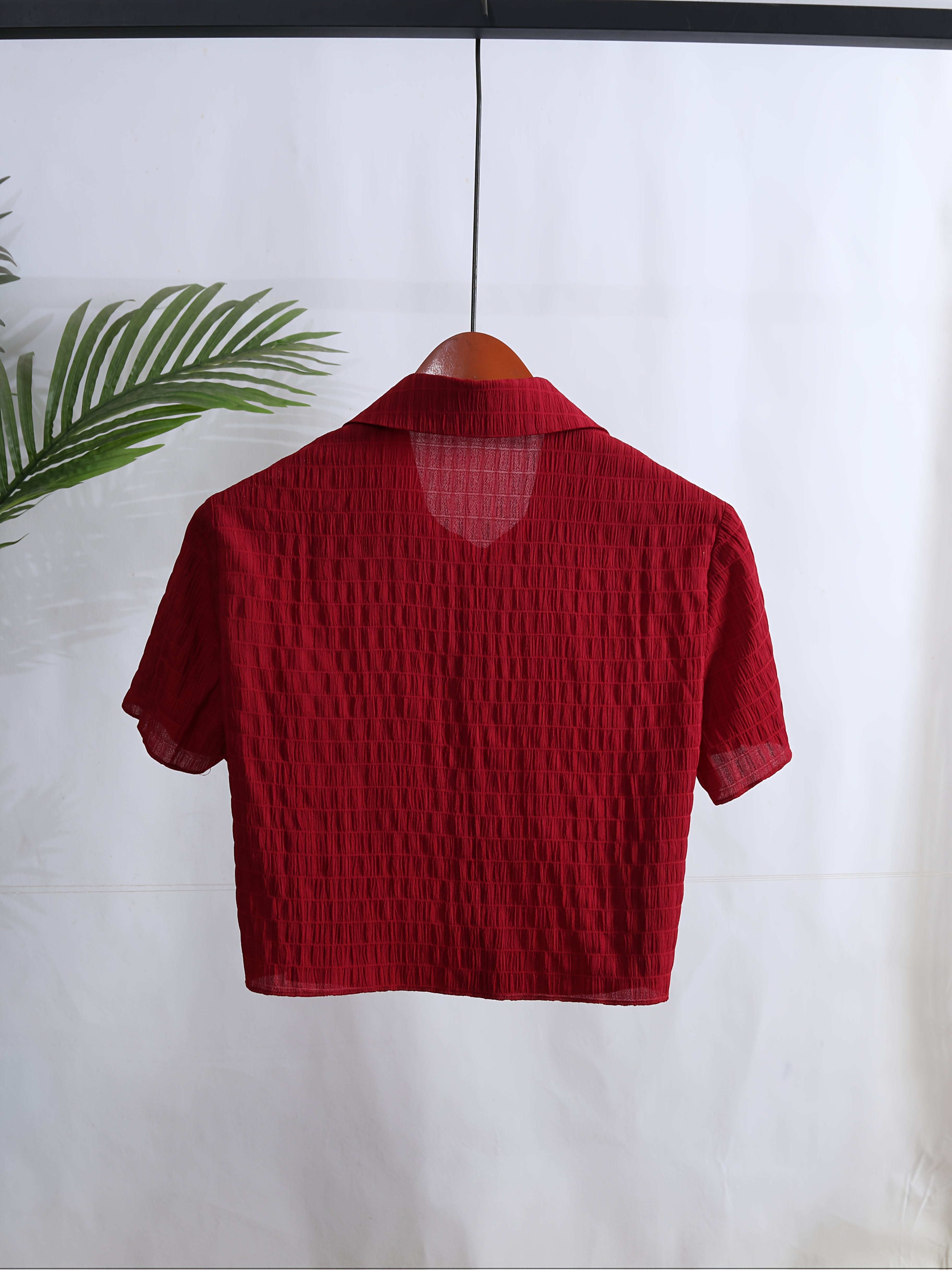 Women's Casual Red Short Sleeve Button-Up Shirt - Machine Washable, Collared Design
