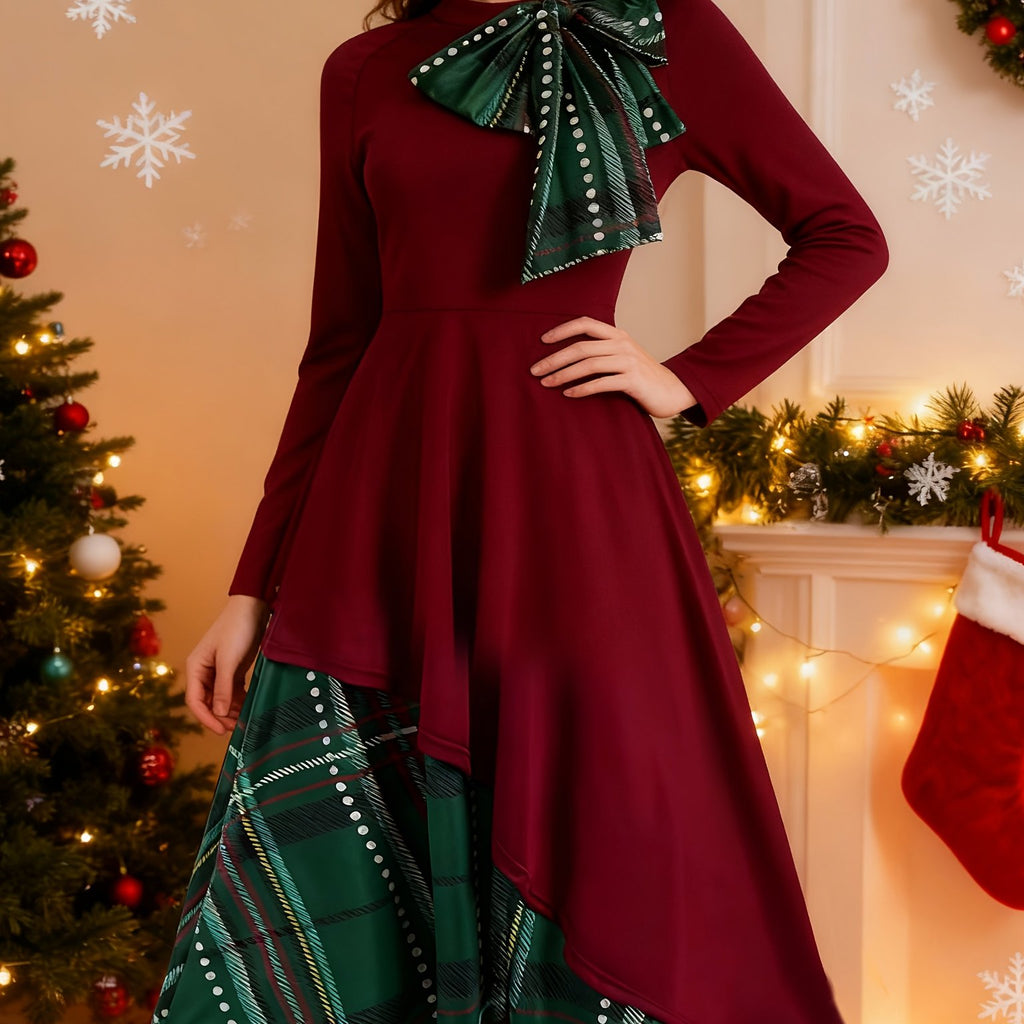 Women's Elegant Burgundy & Green Tartan Plaid Christmas Party Wedding Guest Dress