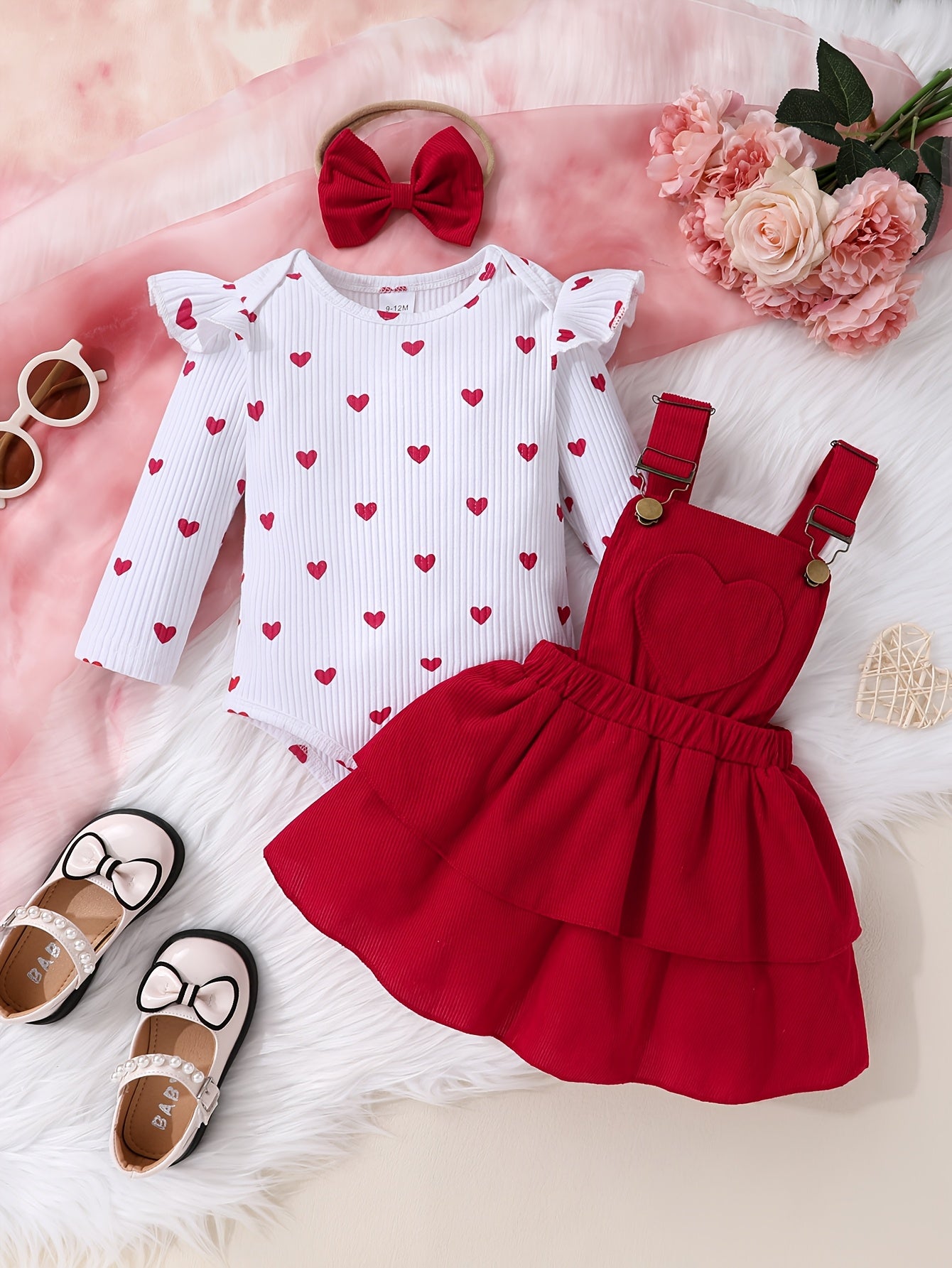 Set of 3pcs Baby Girl Heart Print Leaf Sleeve Top