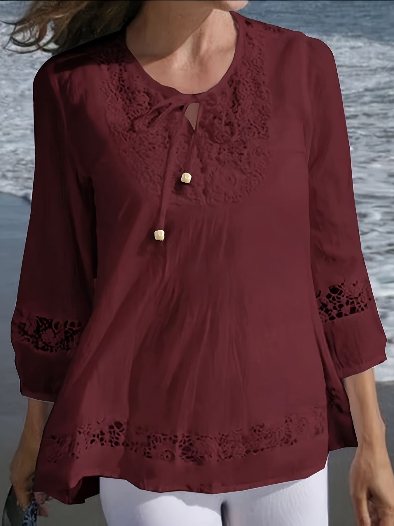 Casual Tie-neck 3/4 Sleeve Blouse For Spring, Women's Plus Size