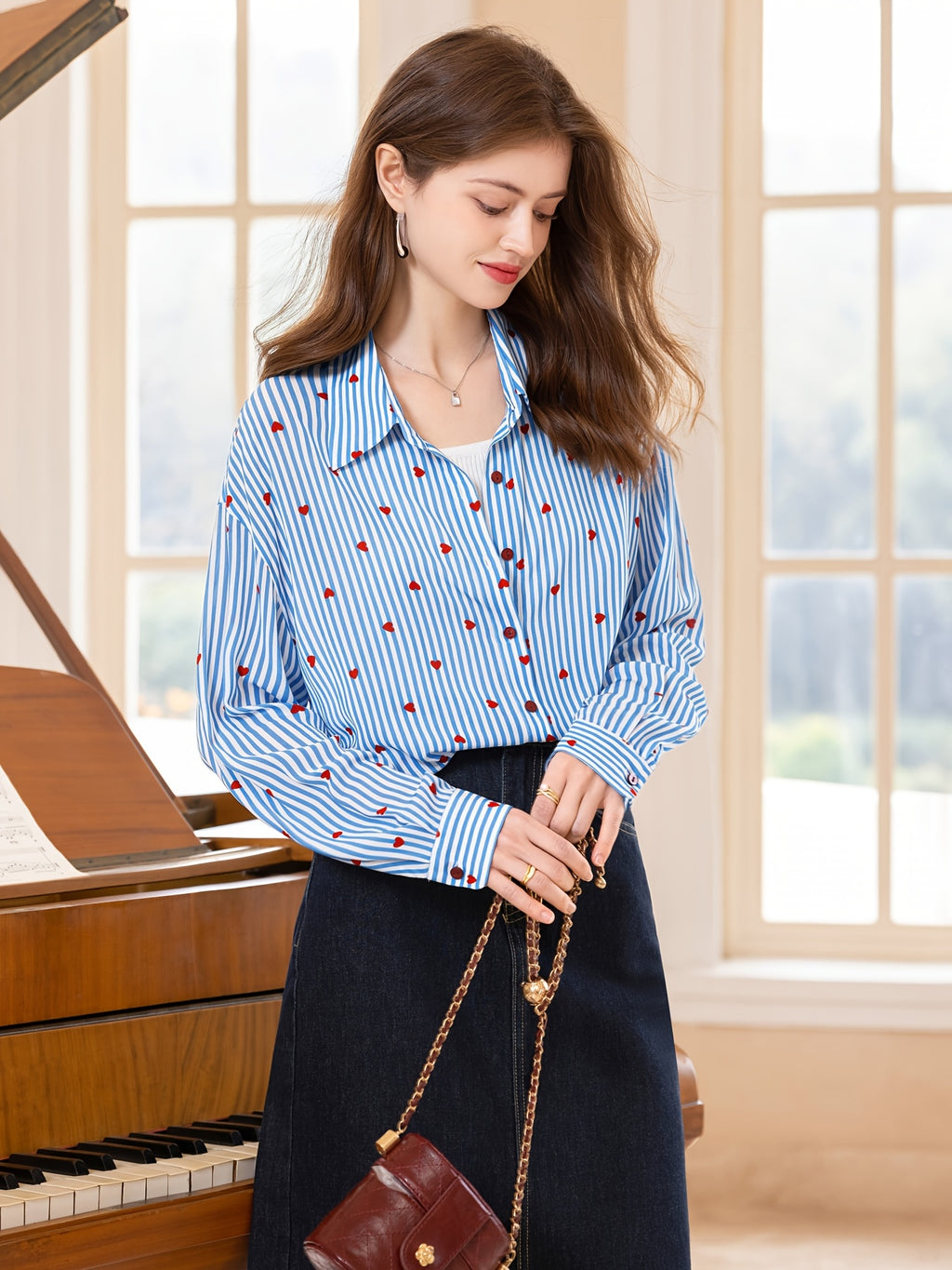 Color Block Striped Heart Shirt, New Autumn Women's Turn- Collar Long Casual Loose Blouse T51Z0133C