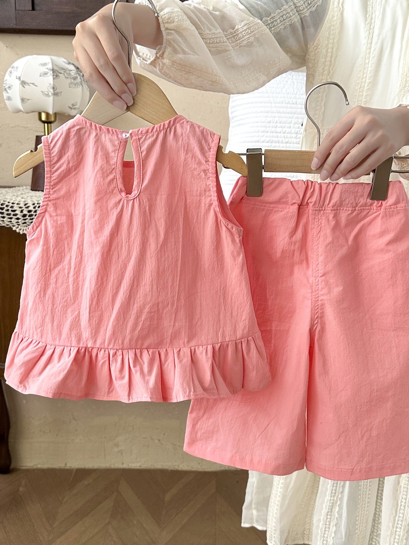 2pcs Wide Shoulder Dress and Shorts Set for Girls, Summer Lightweight Solid Color