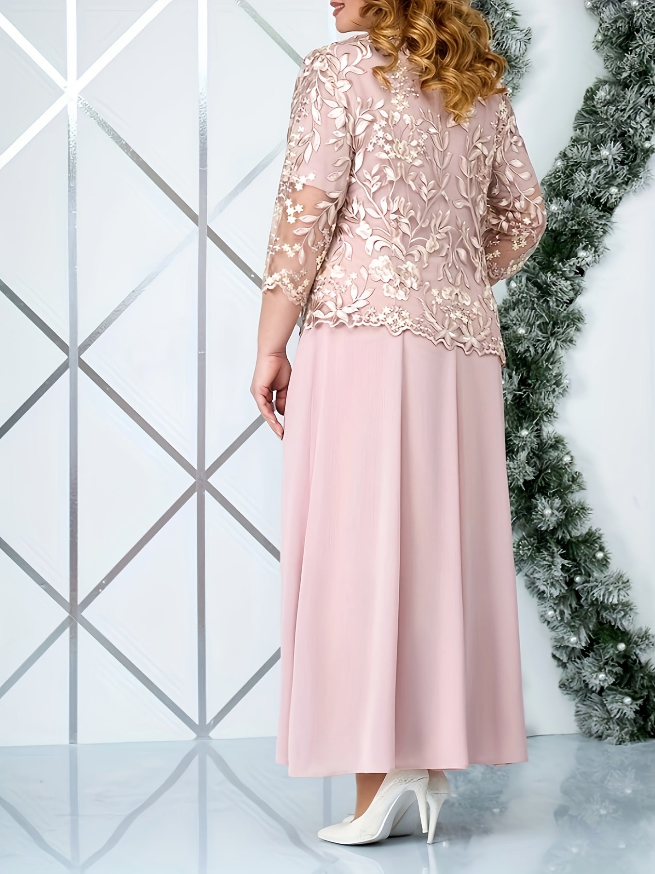 Plus Size Elegant Embroidered Lace Midi Dress for Women - Sleeveless, Chiffon Fabric, Crew Neck, Ball Gown Skirt, Summer Wedding Party