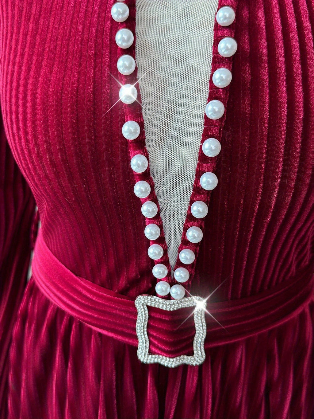 Burgundy Velvet Pearl Dress, Christmas Day, Fall-Winter