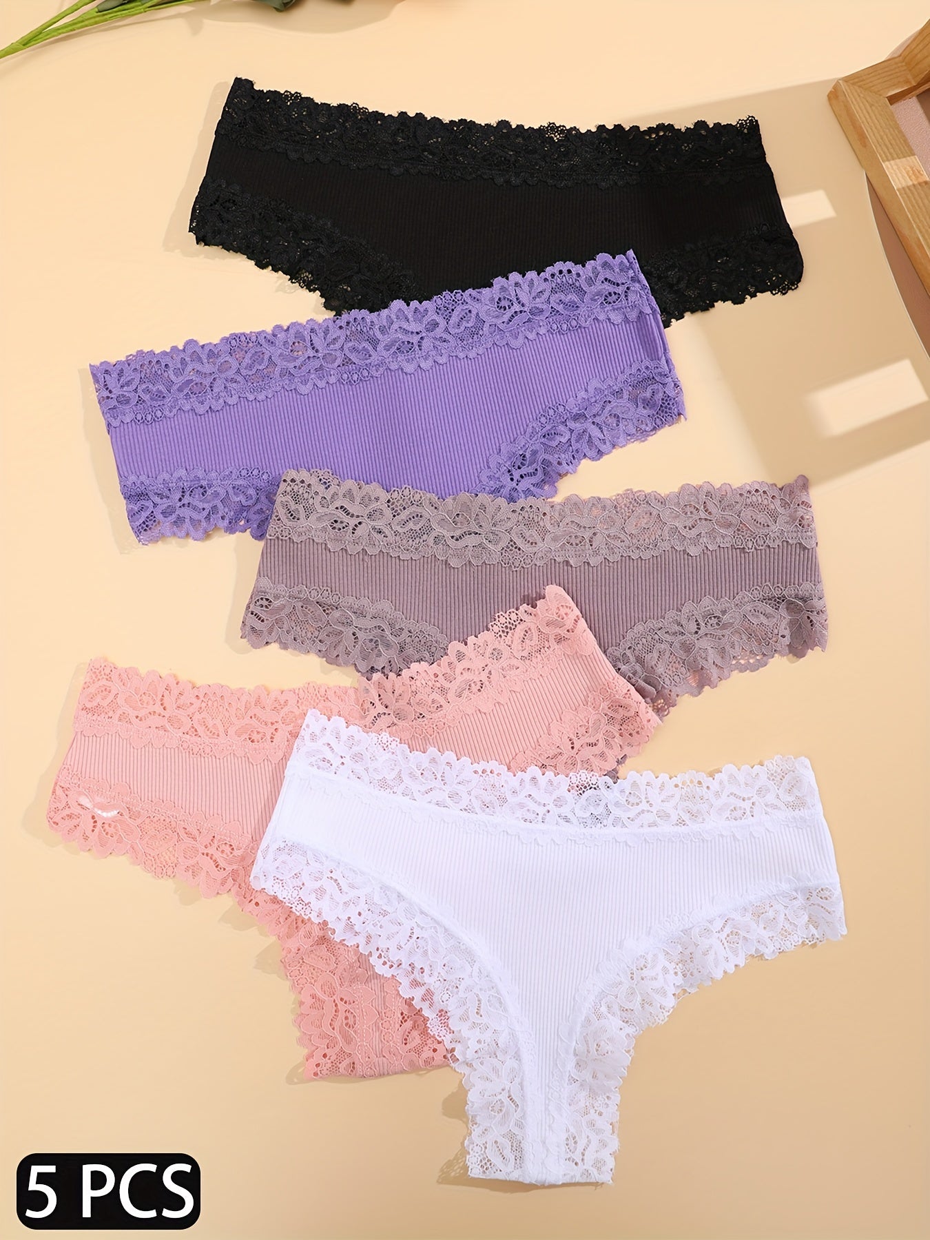 5pcs Solid Lace Trim Briefs, Comfy & Breathable Intimate Panties, Women's Lingerie & Underwear