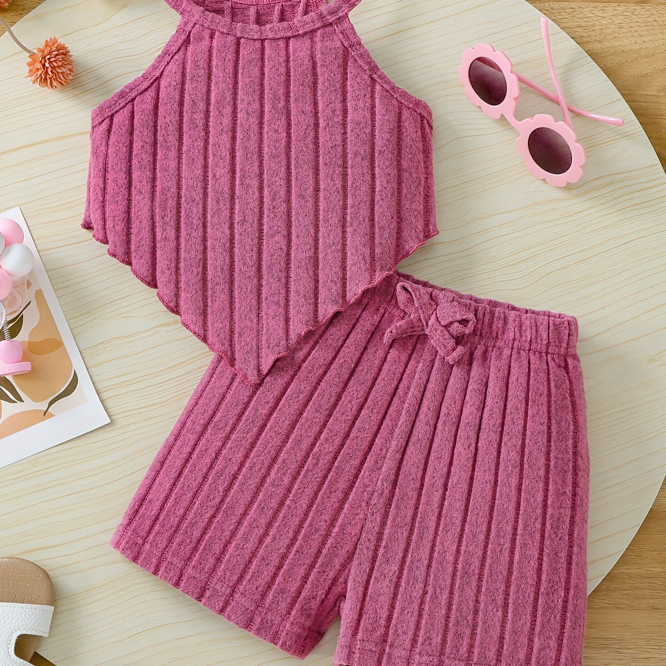 2pcs Summer Girls' Solid Color Crop Top and Bow-Decorated Striped Pants Set