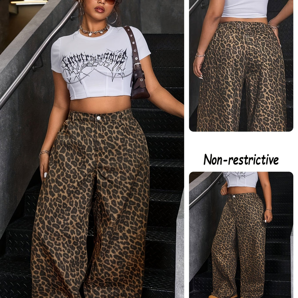 Women's Plus Size Wide- Brown Leopard Print Maxi Denim Pants