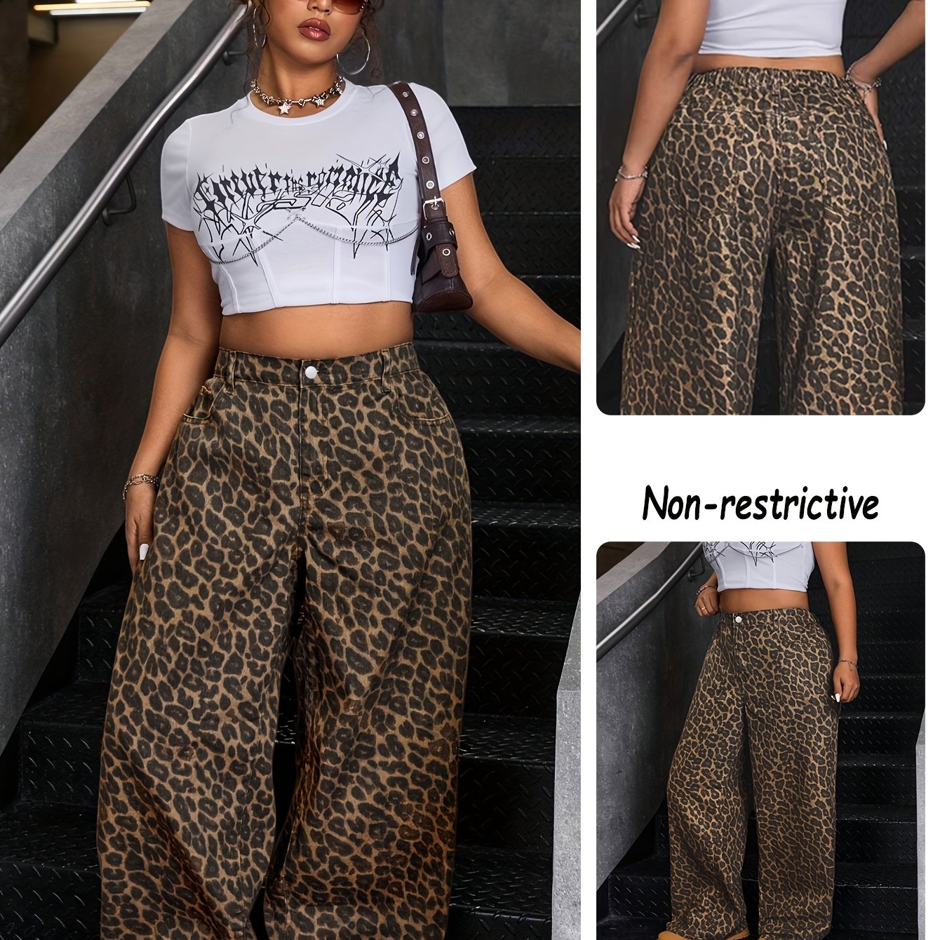 Women's Plus Size Wide- Brown Leopard Print Maxi Denim Pants