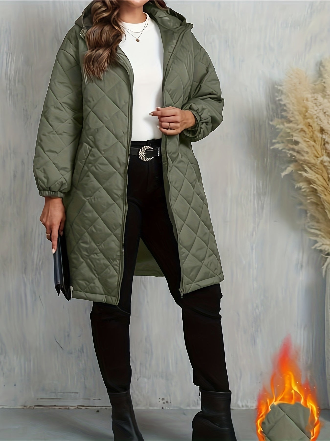 Plus Size, Women's Oversized Elegant Hooded Full-Zip Windproof Winter Coat - Heavy-Duty Warm