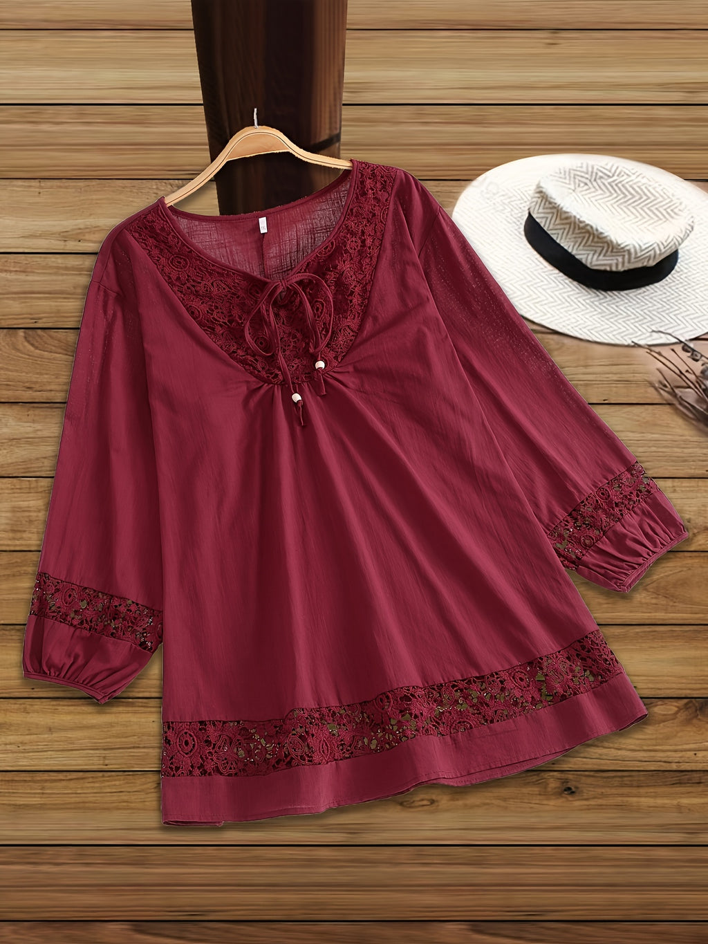 Casual Tie-neck 3/4 Sleeve Blouse For Spring, Women's Plus Size
