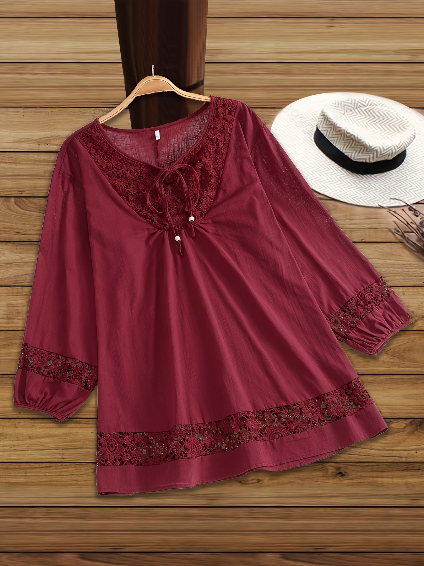 Casual Tie-neck 3/4 Sleeve Blouse For Spring, Women's Plus Size