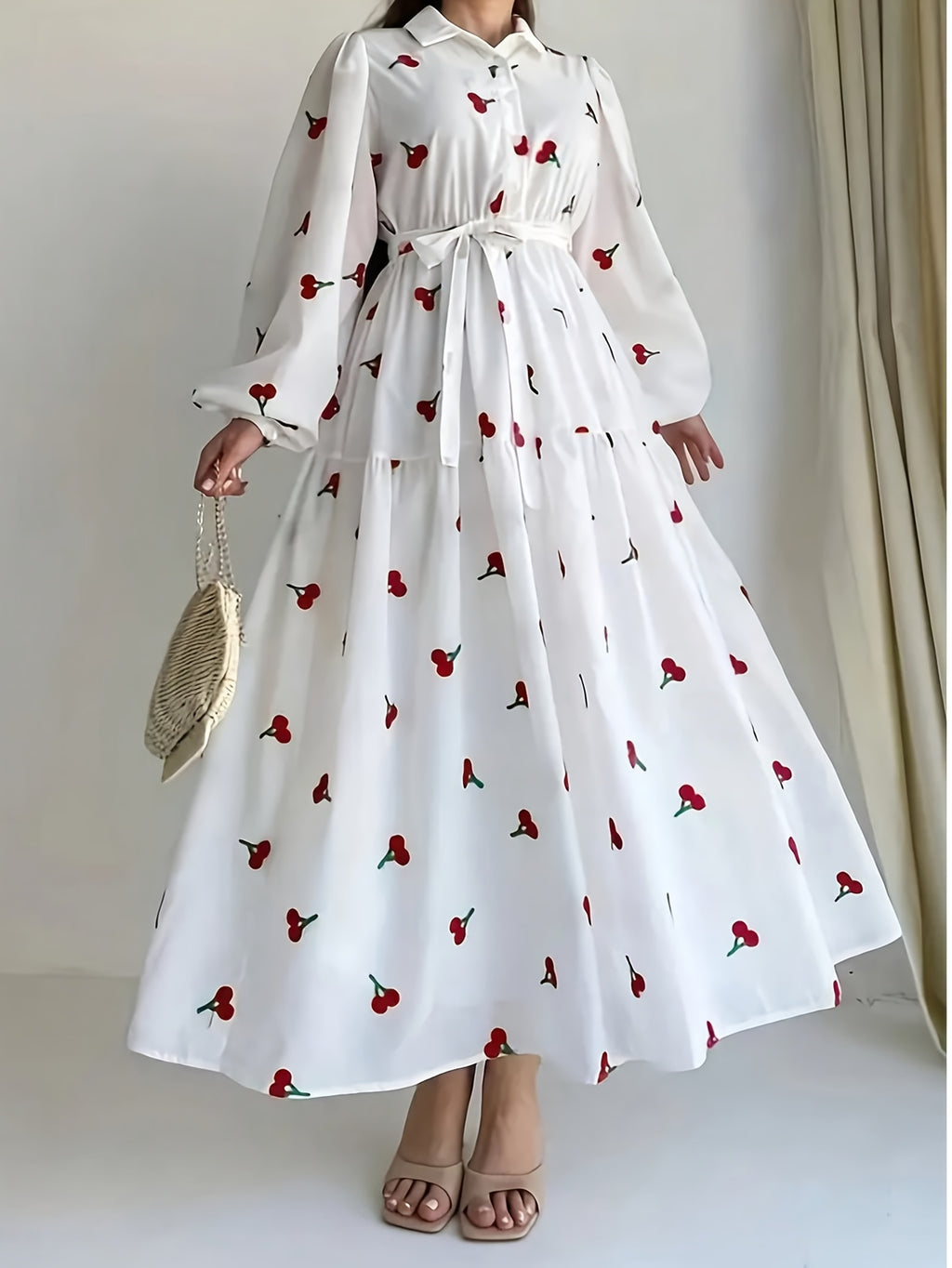 Women's Elegant Red Rose Print Long Sleeve Dress