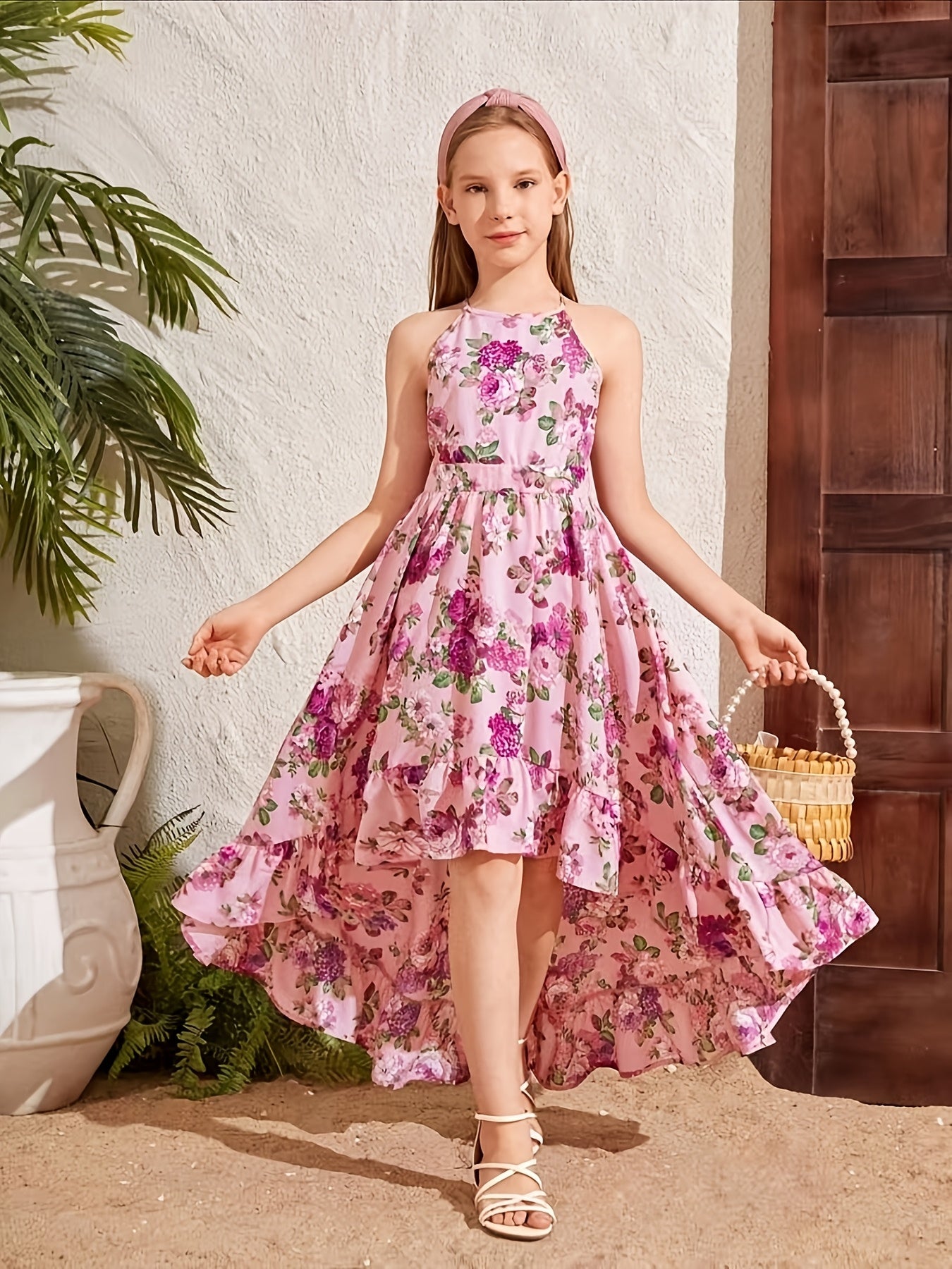 Sleeveless Off-Shoulder Elegant Floral Print Midi Dress for Teen Girls