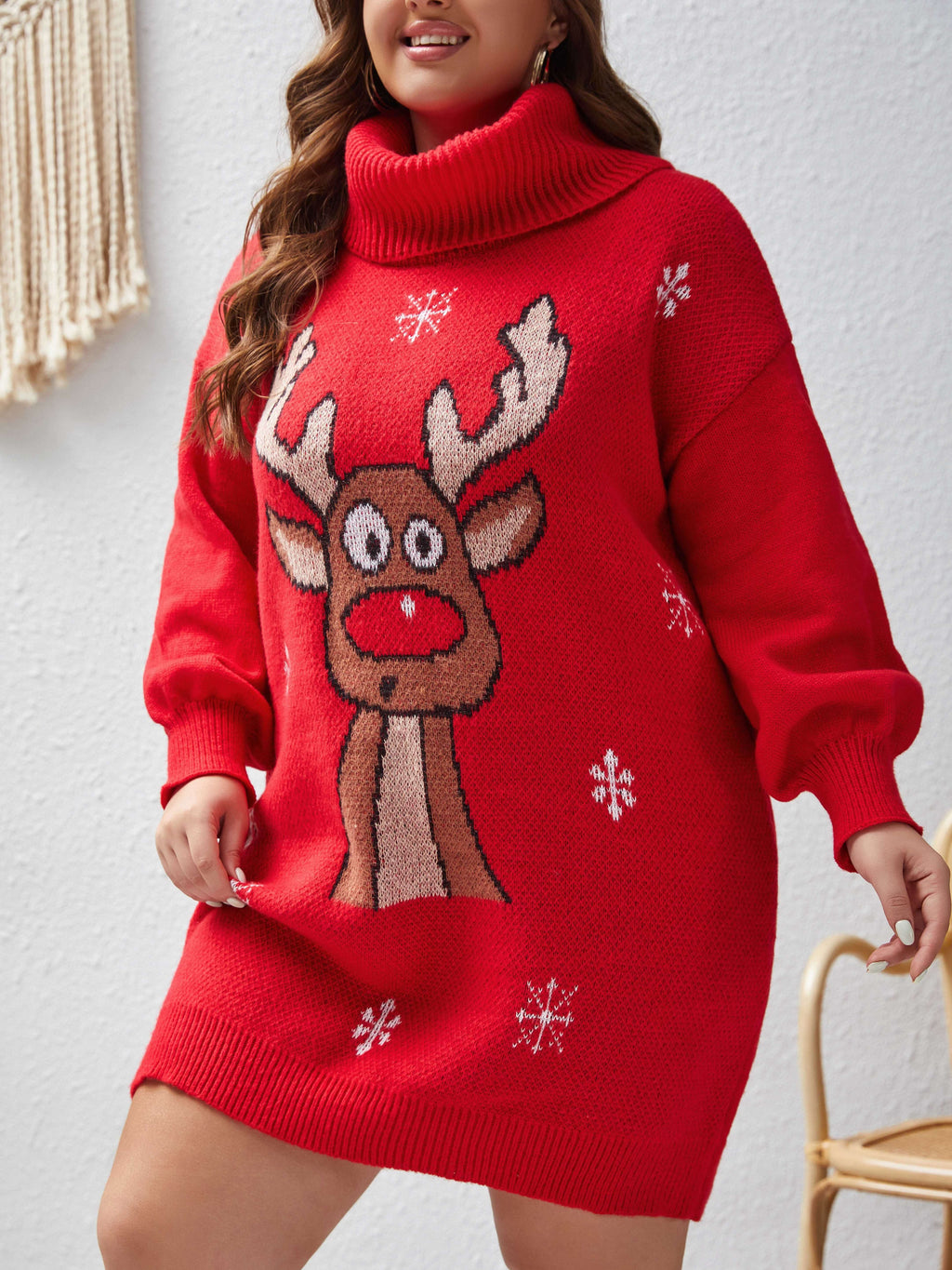 Plus Size Christmas Reindeer Pattern Turtleneck Sweater Dress 100% Polyester Knit Fabric, Party New Year