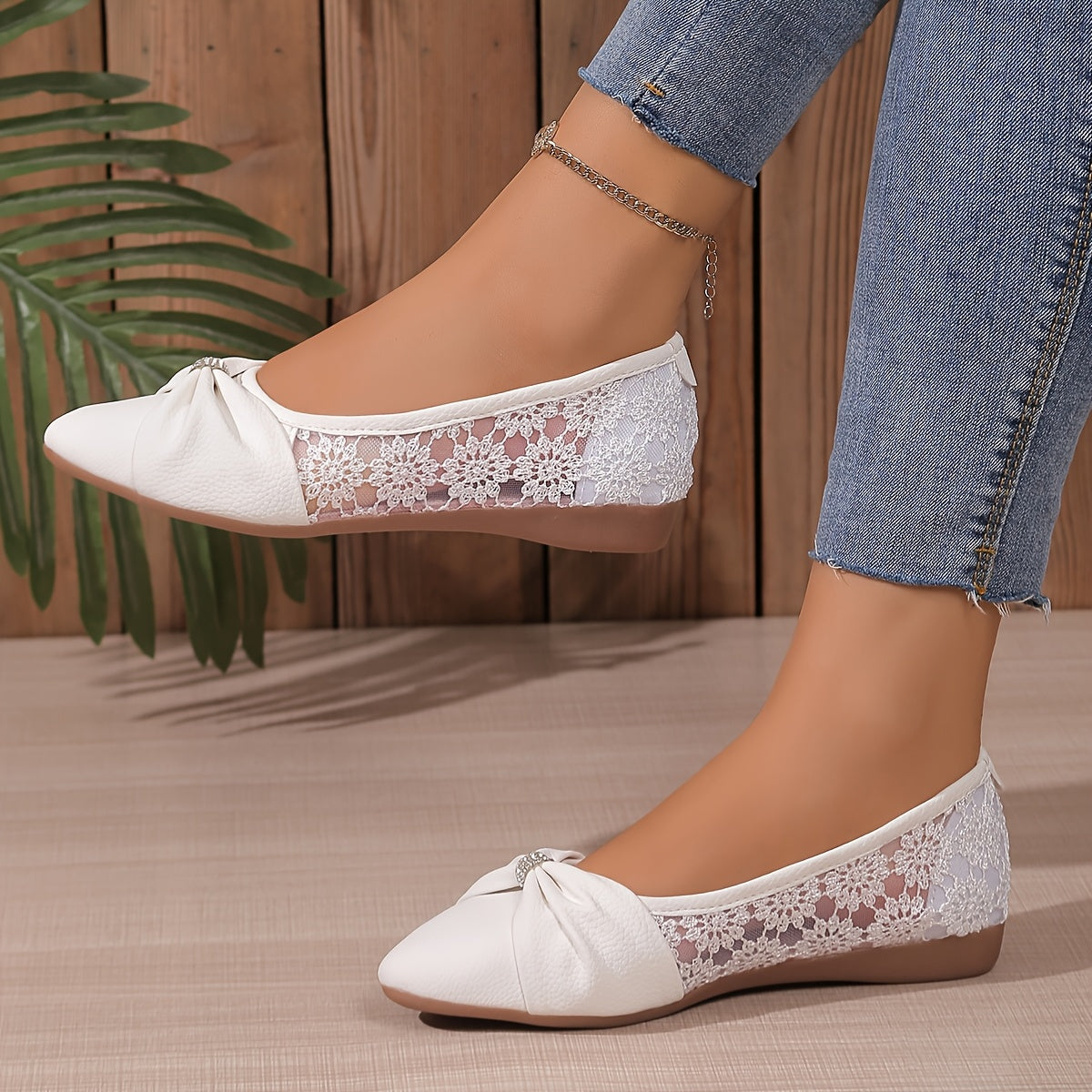 [White Rhinestone Flats] Comfortable White Pointed Toe Flats | Women's Rhinestone Bow Slip-On Shoes with Lace-Trimmed Fabric Upper &