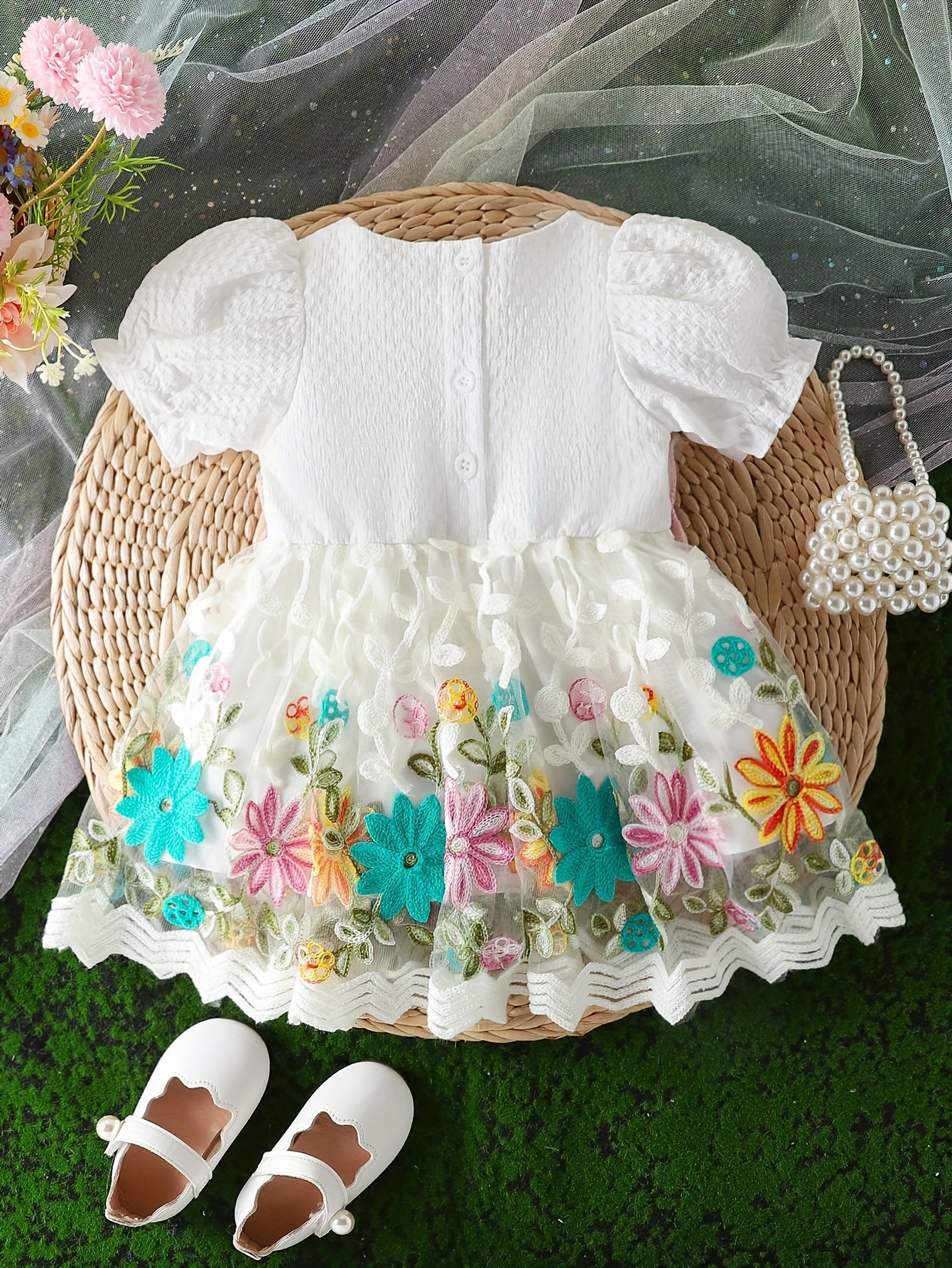 Infant & Toddler's Elegant Floral Embroidered Mesh Dress