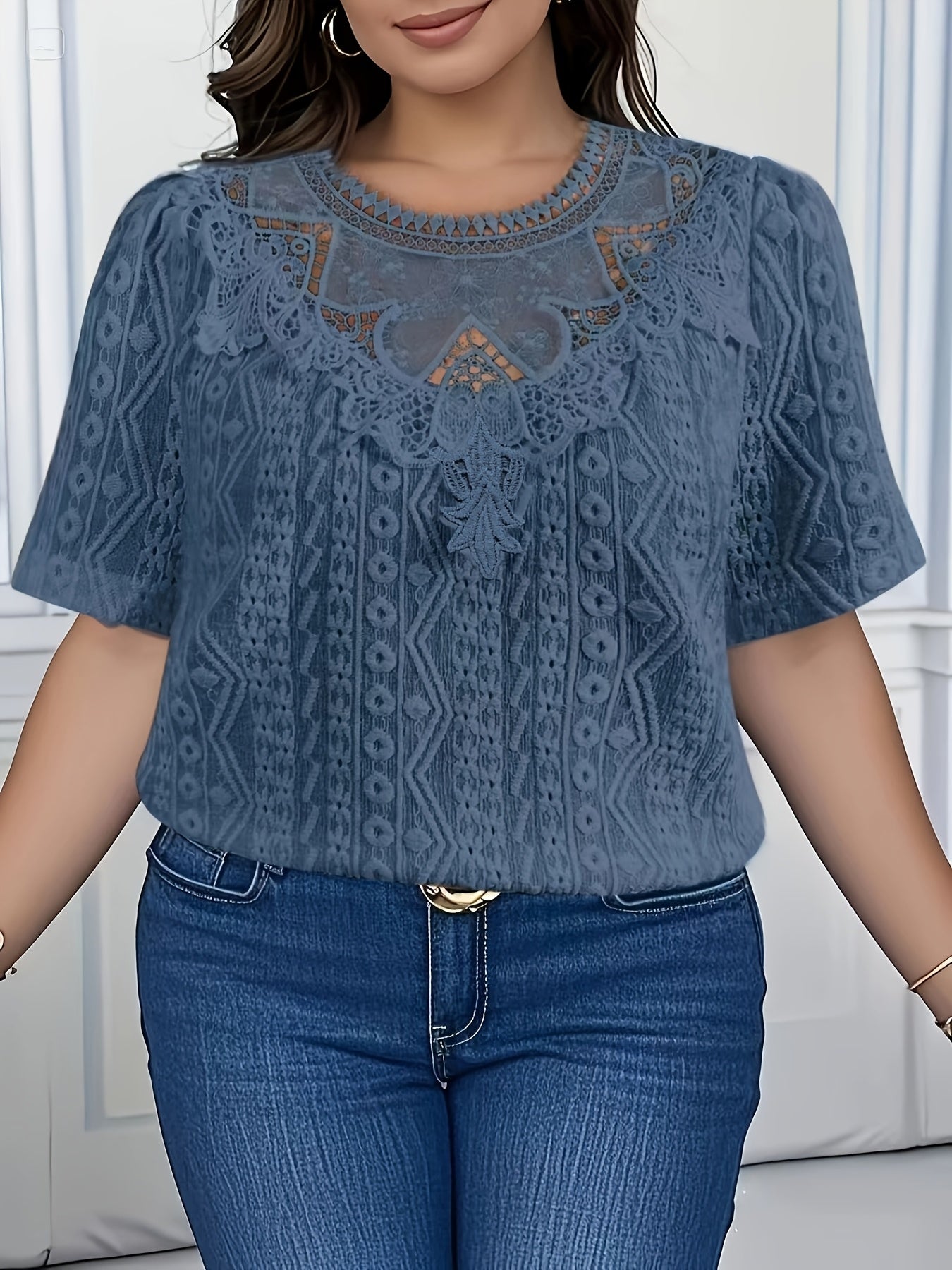 French-Inspired Floral Embroidery Lace Trim Short Sleeve Blouse
