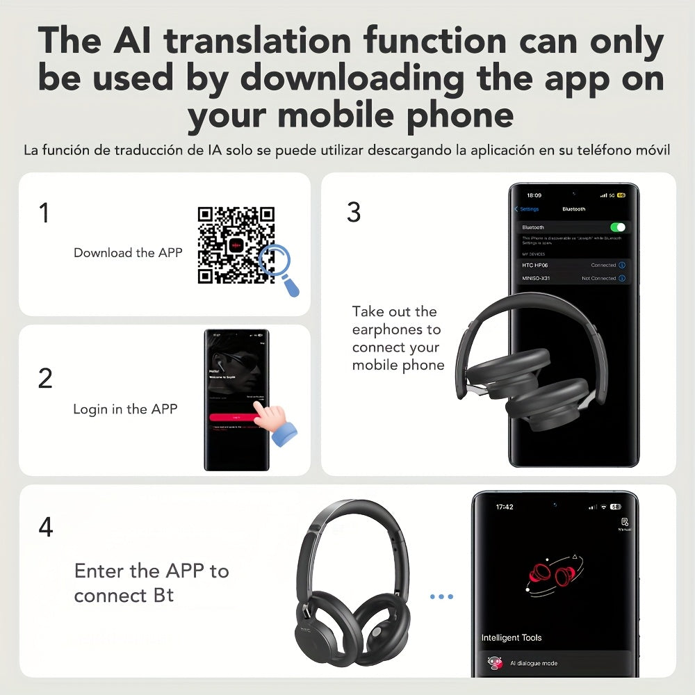 HTC Over-Ear Wireless Headphones with 135-Language Real-Time Translation