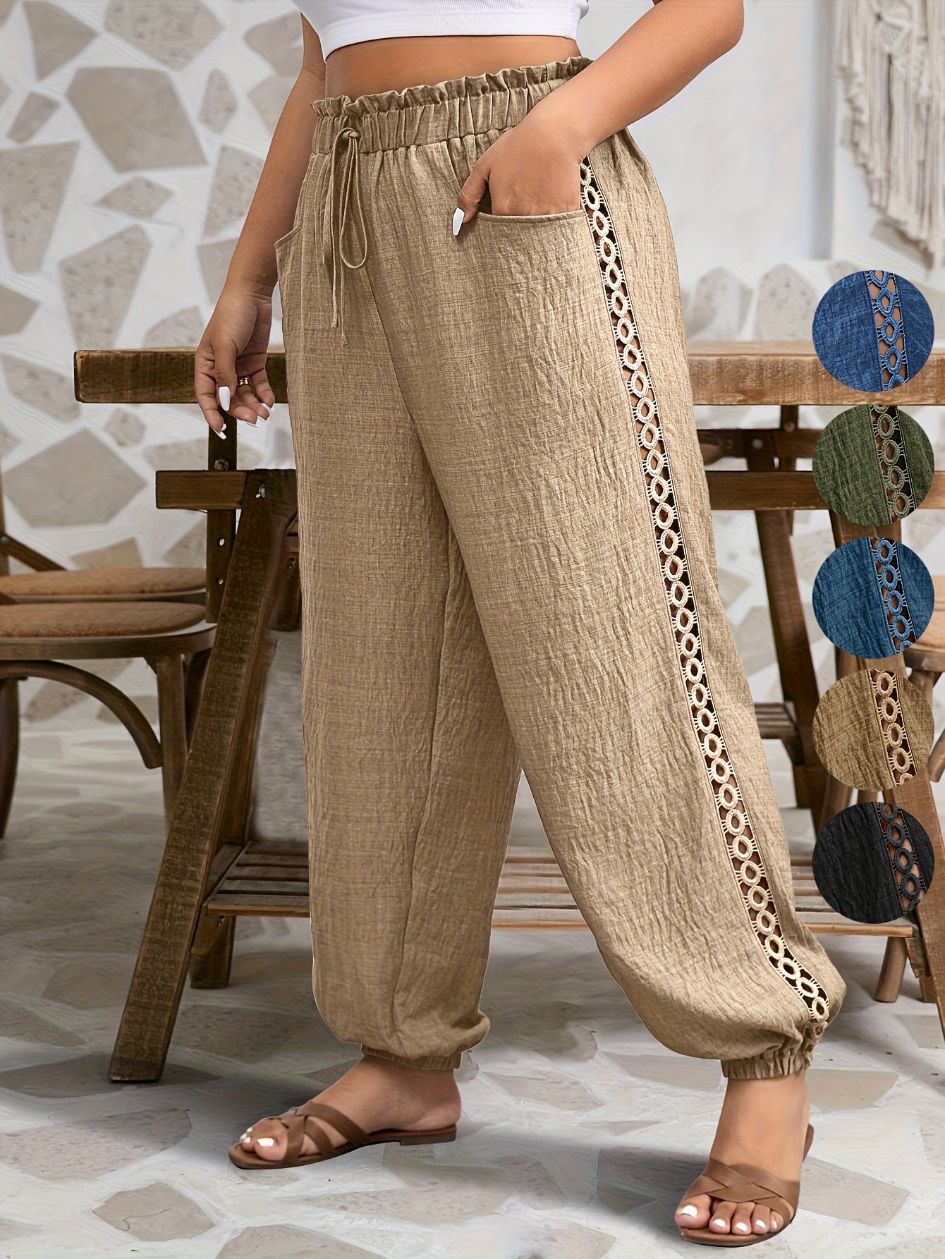 Women's Plus Size Casual Tapered Pants with Ruffle Detail
