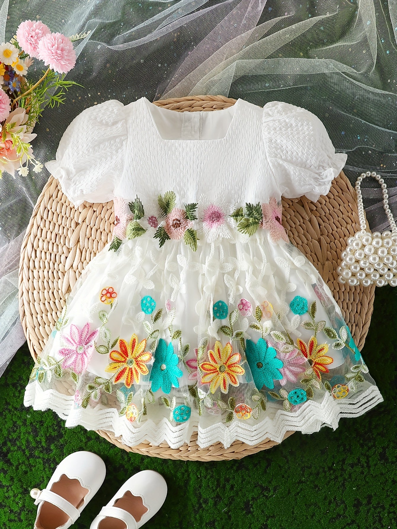 Infant & Toddler's Elegant Floral Embroidered Mesh Dress