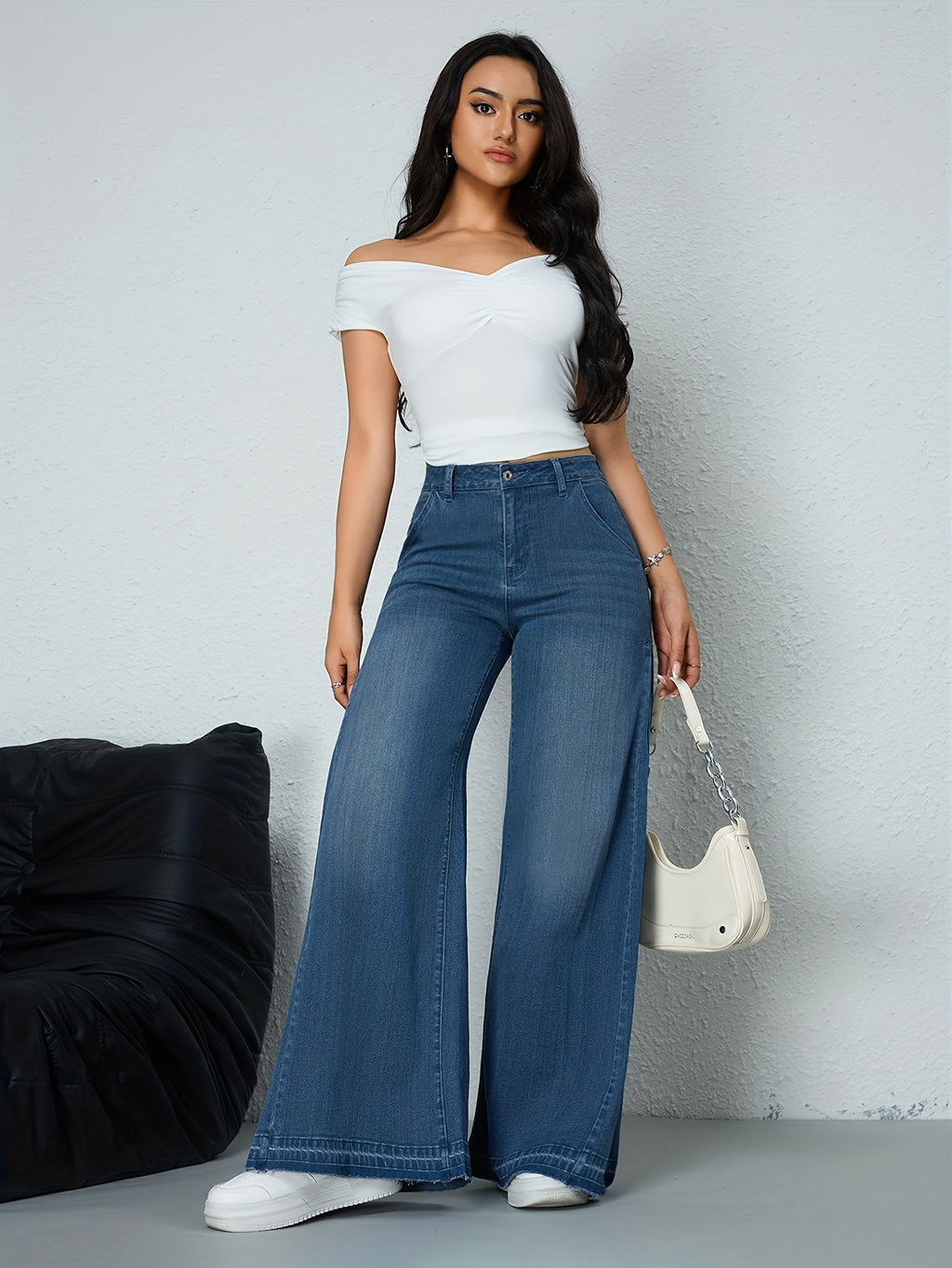 Elegant Casual Wide Leg Jeans High Waist, Stretchy, Boot Cut, Long Length