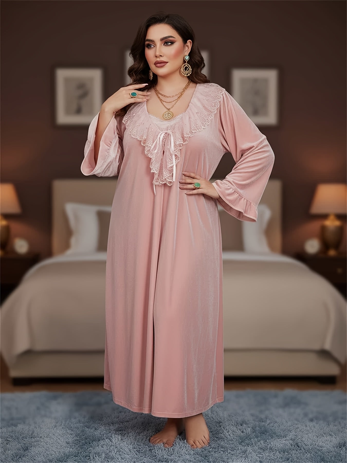 Plus Size Pajama Sets, Royal Style, Medium Stretch Fabric, Solid Color with Contrast Lace Details