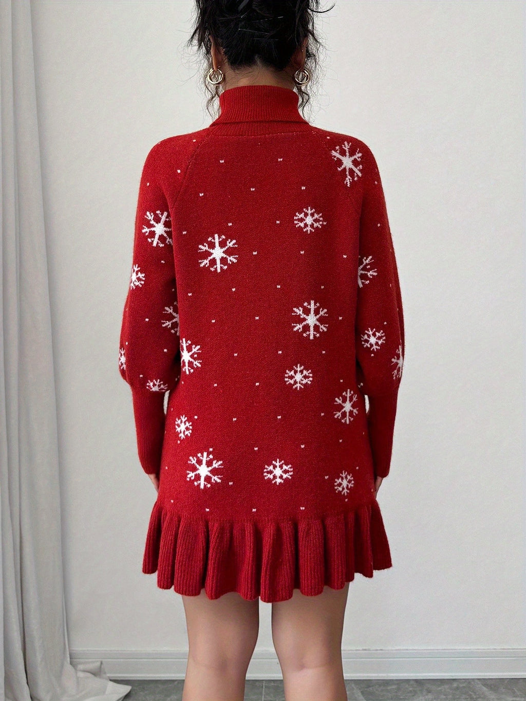 Women's Elegant Red Sweater Dress with Ruffled Hem & Snowflake Pattern Christmas Fall Winter