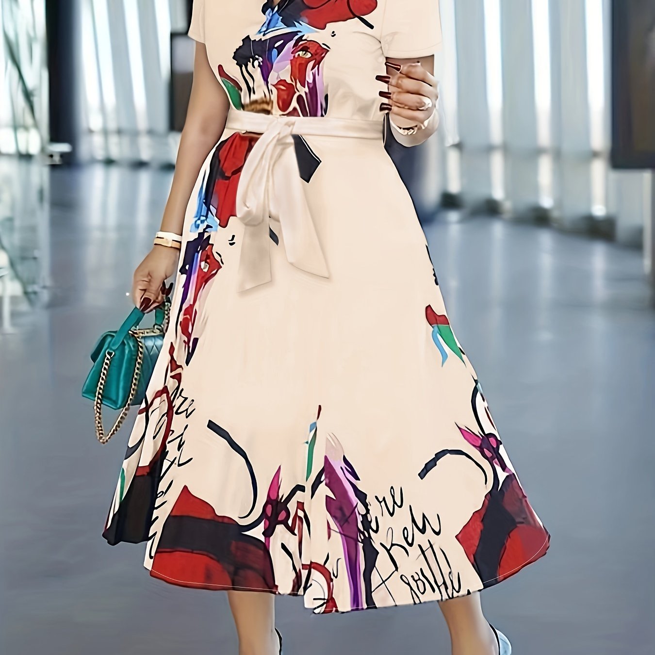 Charming Floral Print Dress - Stylish Button Front, Short Sleeve Collar Design