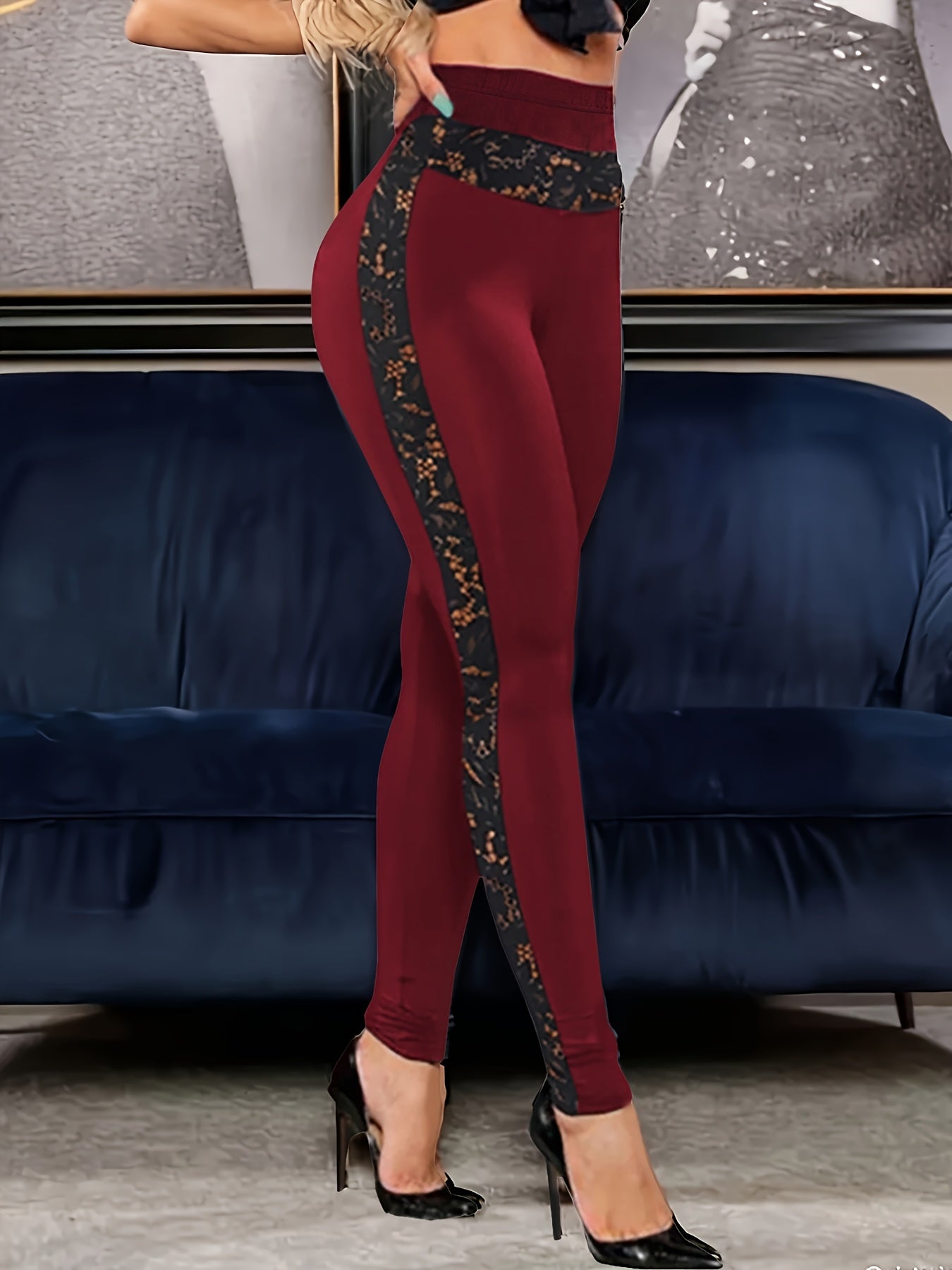 Women's High-Waist Pants with Lace Trim - Stretchy Legging