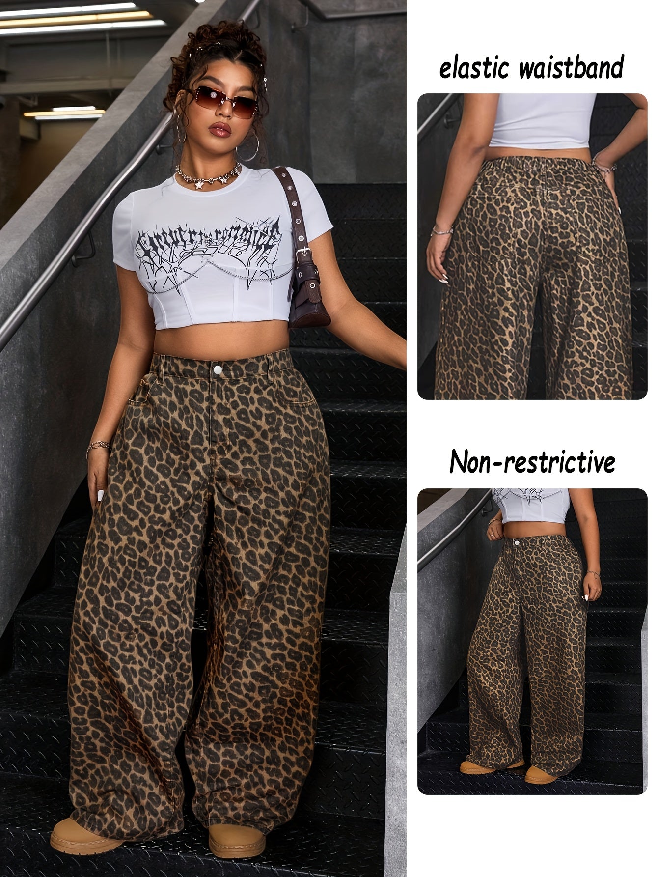 Women's Plus Size Wide- Brown Leopard Print Maxi Denim Pants
