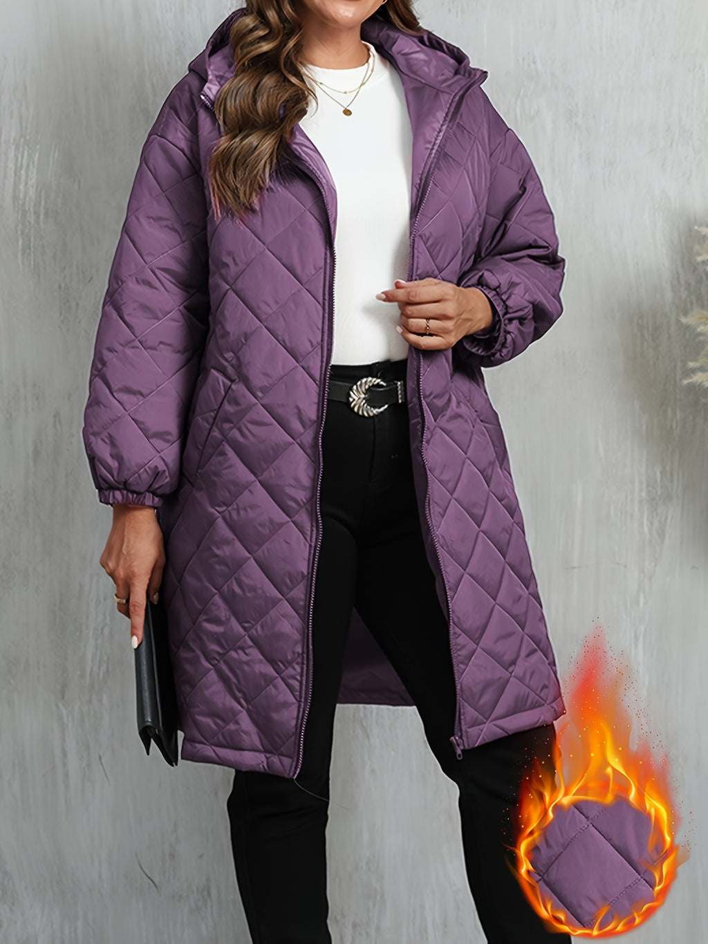 Plus Size, Women's Oversized Elegant Hooded Full-Zip Windproof Winter Coat - Heavy-Duty Warm