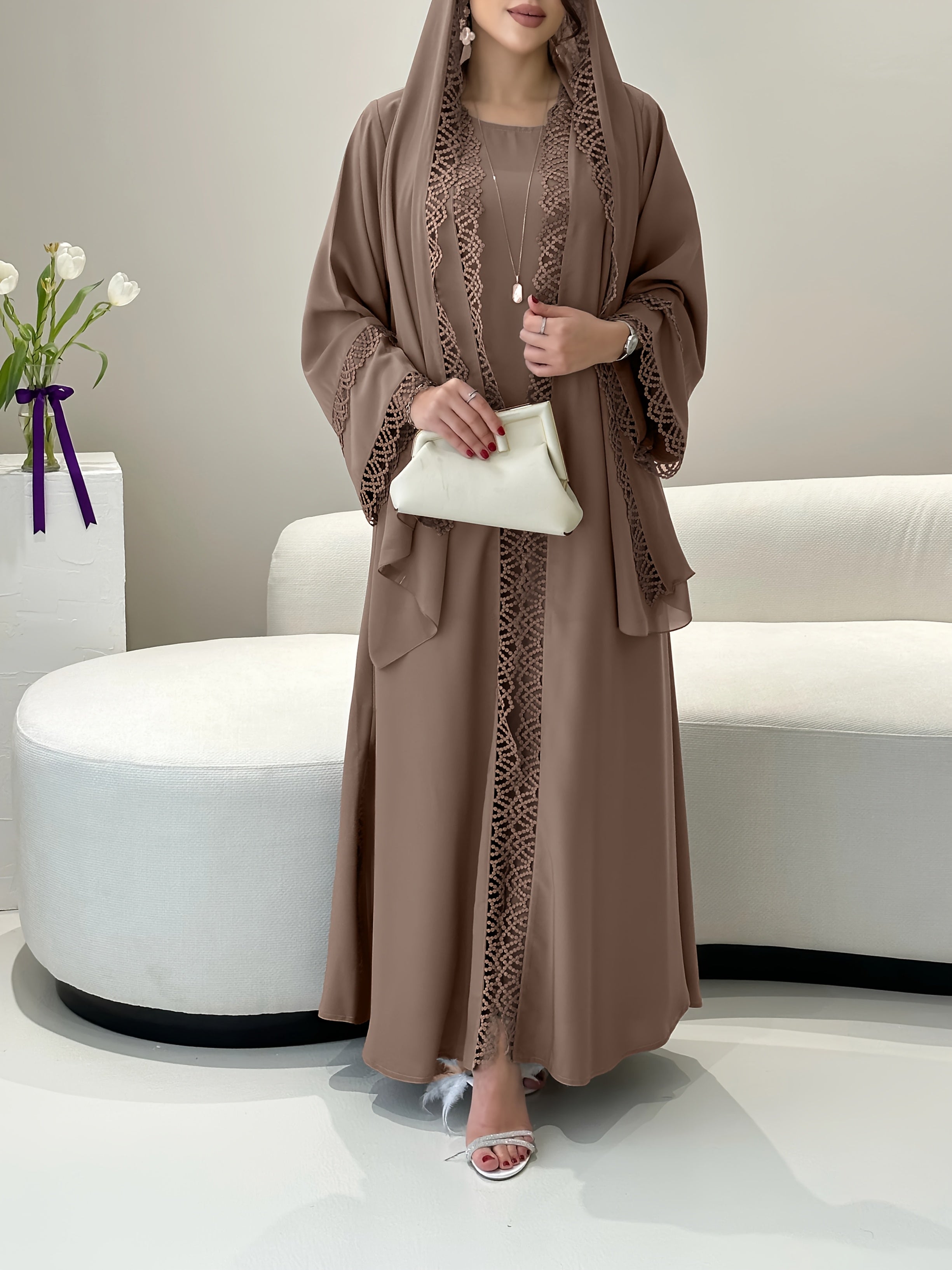 2pcs Set with Lace Trim Muslim Kaftan